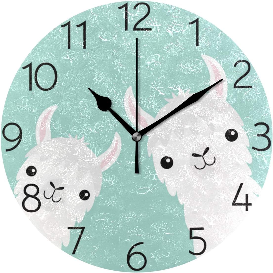 Moyyo Cute Cartoon Llama Alpaca Animal Wall Clock Frameless Silent Clock Round Wall Clock Vintage Desk Clock Non Ticking Wall Clocks for Home Bedroom Living Room Kitchen Office Decor