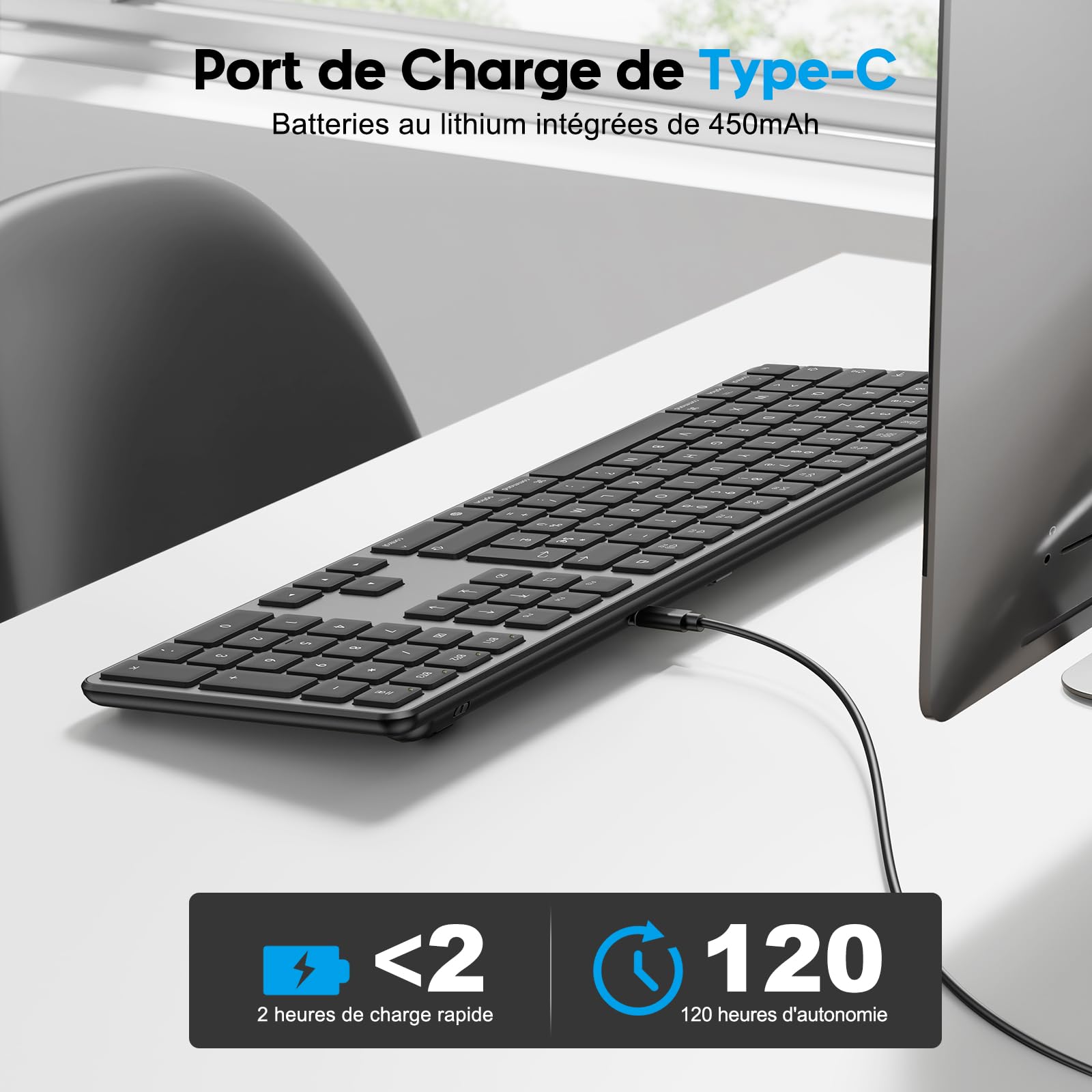 OMOTON Clavier Bluetooth pour Mac, Clavier sans Fil Rechargeable Multi-dispositifs avec 3 Canaux Bluetooth pour Apple Mac Pro/Mini, MacBook Pro/Air, iMac Pro, AZERTY Français, Gris Foncé