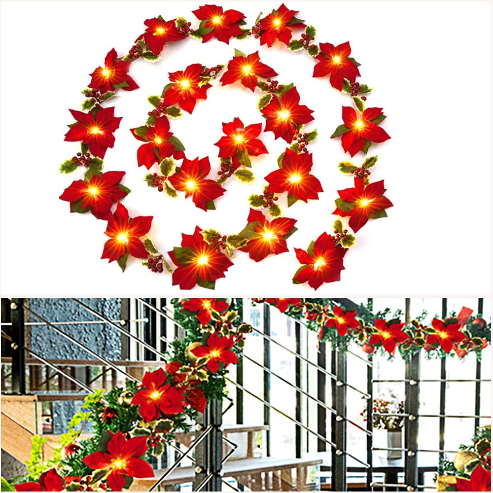 Bseical Christmas Garland with Lights Poinsettia Christmas Flowers Artificial Light up Battery Powered LED Warm White, Poinsettia Garland with Red Berries Christmas Tree Decorations, Xmas Garland