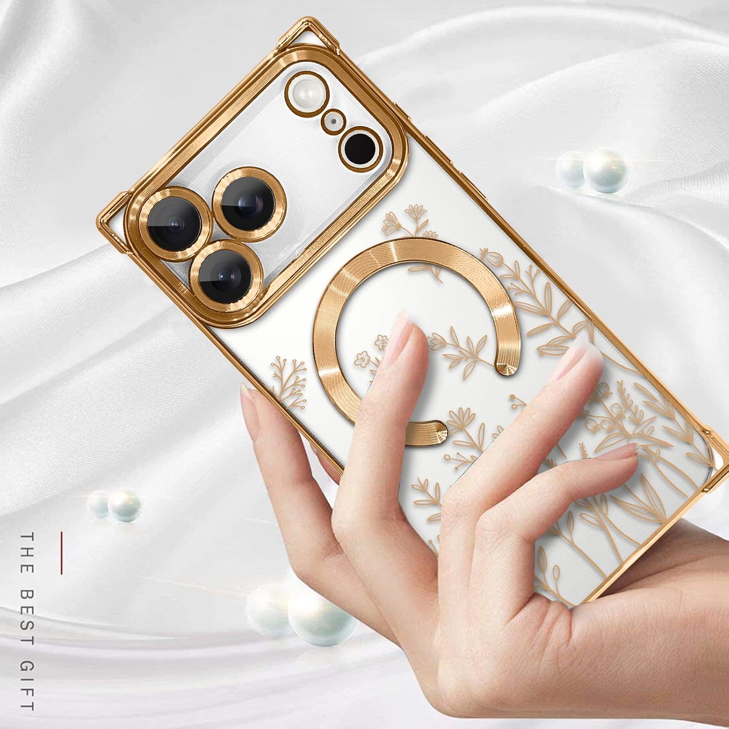 LSL Designed Case for iPhone 17 Pro [Compatible with MagSafe] Flower Pattern Design Soft TPU Anti-Drop Shockproof Protective Slim Luxury Floral Plating Clear Cover - Gold