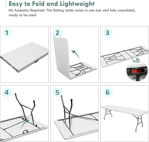 Miniatura 5 de AJP Distributors Mesa plegable portátil de plástico de 6 pies y 72 pulgadas, parte superior resistente con asa de transporte, interior y exterior,