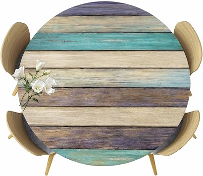 Round Table Cover 55-60 Inch, Waterproof Reusable Table Cloth Round Fitted Vinyl Tablecloth with Elastic Edged for Parties Outdoors, American Country Style Vintage Wood Texture Brown and Green