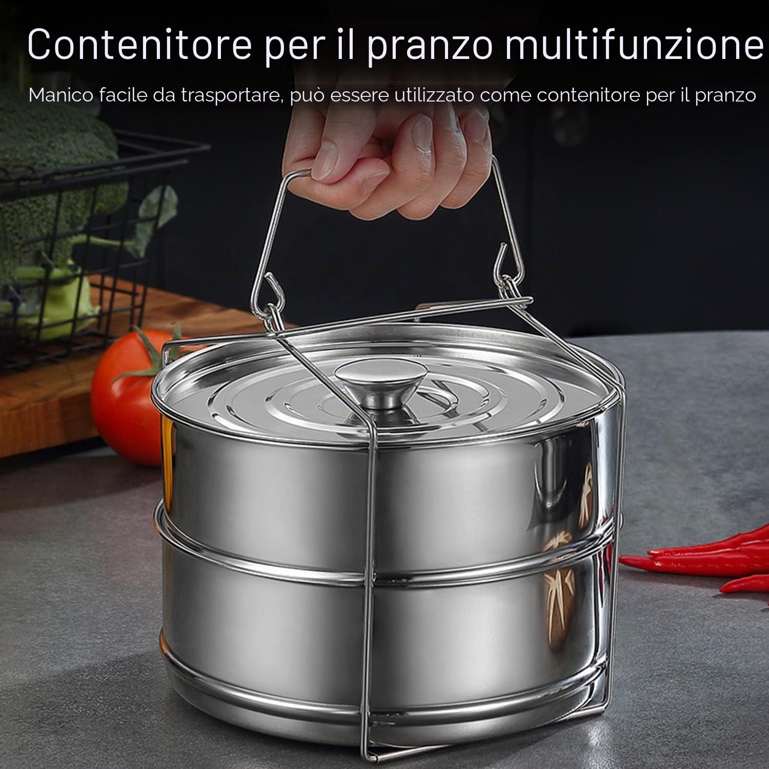 Tissting Set di 2 Pentole a Vapore Impilabili in Acciaio Inox con Manico - Accessorio per Instant Pot per Cottura Sana di Verdure, Pesce e Gnocchi