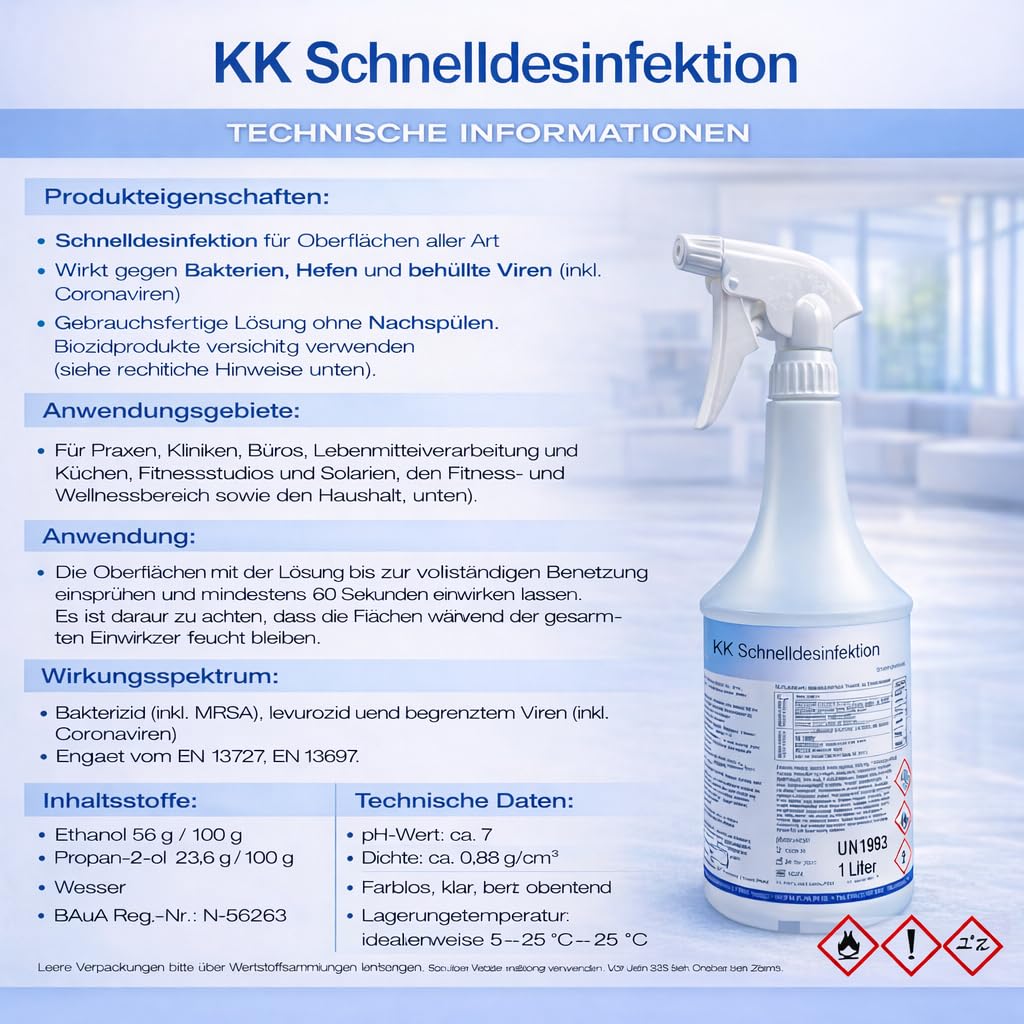 KK Schnelldesinfektion Spray Duft CLASSIC - Hochwirksames Desinfektionsmittel 3x 1L Fl. für Oberflächen – Wirksam gegen Bakterien, Viren & Pilze – Ideal für Haushalt, Praxis&Gewerbe