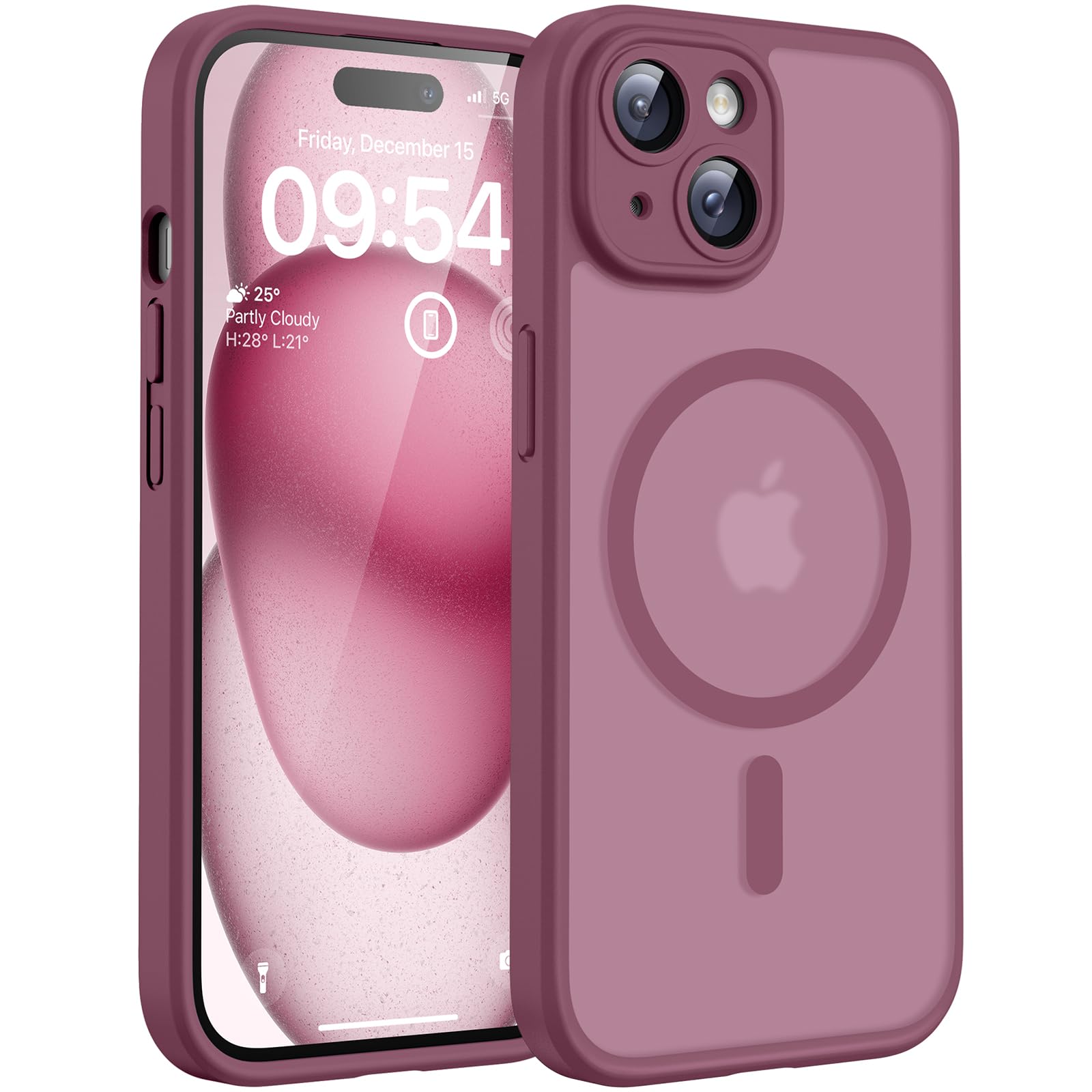 TOCOL Cover Magnetica per iPhone 15 6,1 Pollic, Compatibile con MagSafe, Protezione Fotocamera Integrata, Custodia Antiurto Traslucida Opaca, Prugna