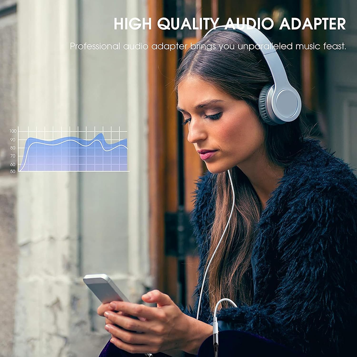 Woman listening to music with headphones connected via a USB-C to 3.5mm adapter, with an audio frequency graph overlay.