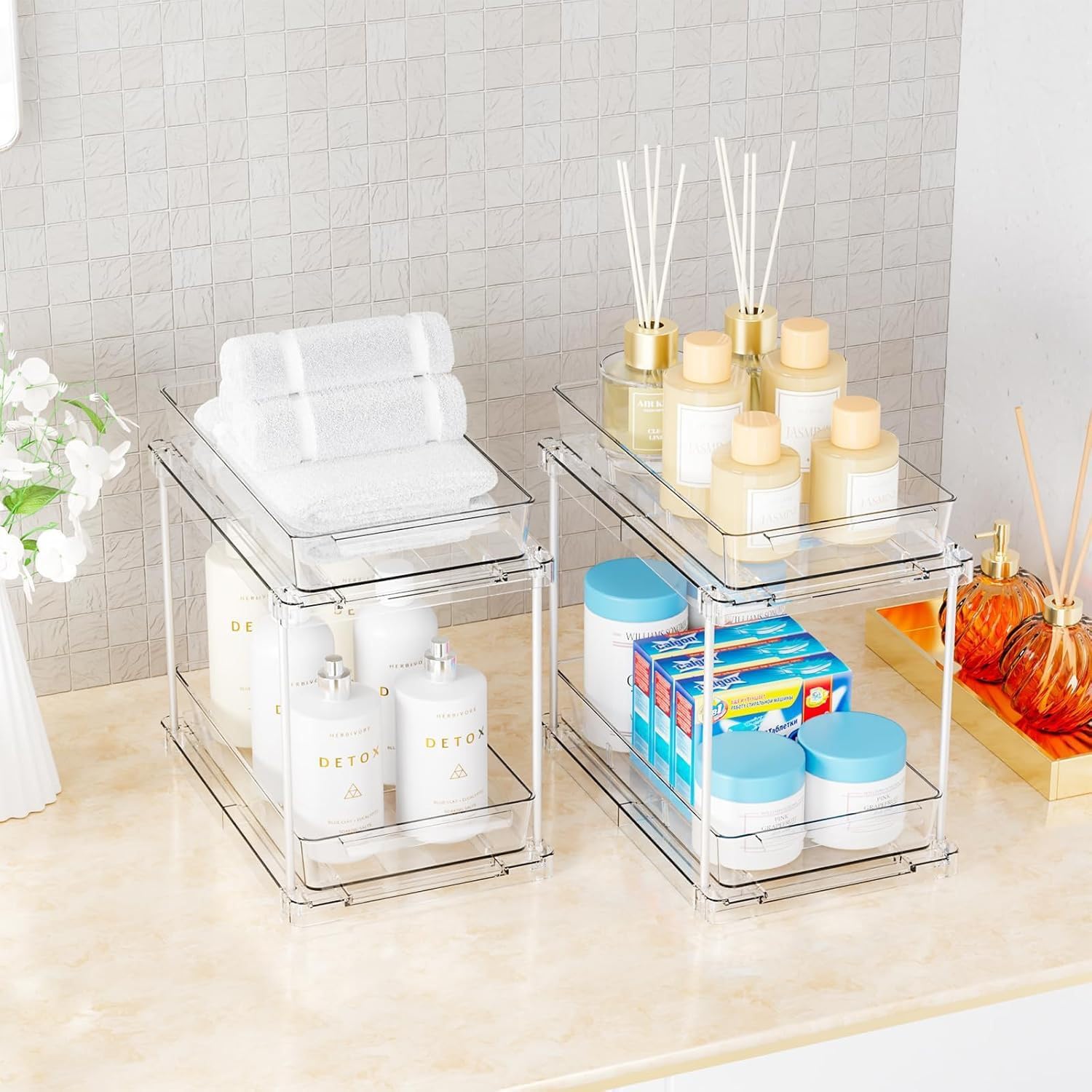2 Piece Under-Sink Storage Organizer, Kitchen Organizer with Removable Drawers with 2 Tiers, Transparent Multi-Function Storage Basket for Kitchen Bathroom