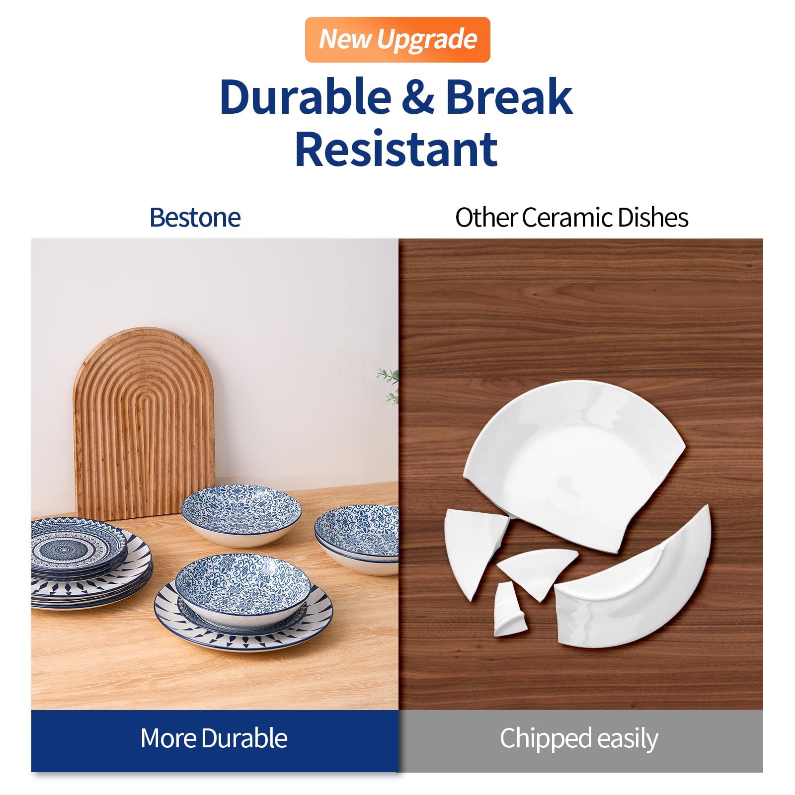 Bestone Ceramic 12-Pieces Dinnerware Sets, Ceramic Dish Plates and Bowls Sets, Dishes Set for 4, Dinner Salad Dessert Plates, and Cereal Bowls Set, Gift,Vintage Blue