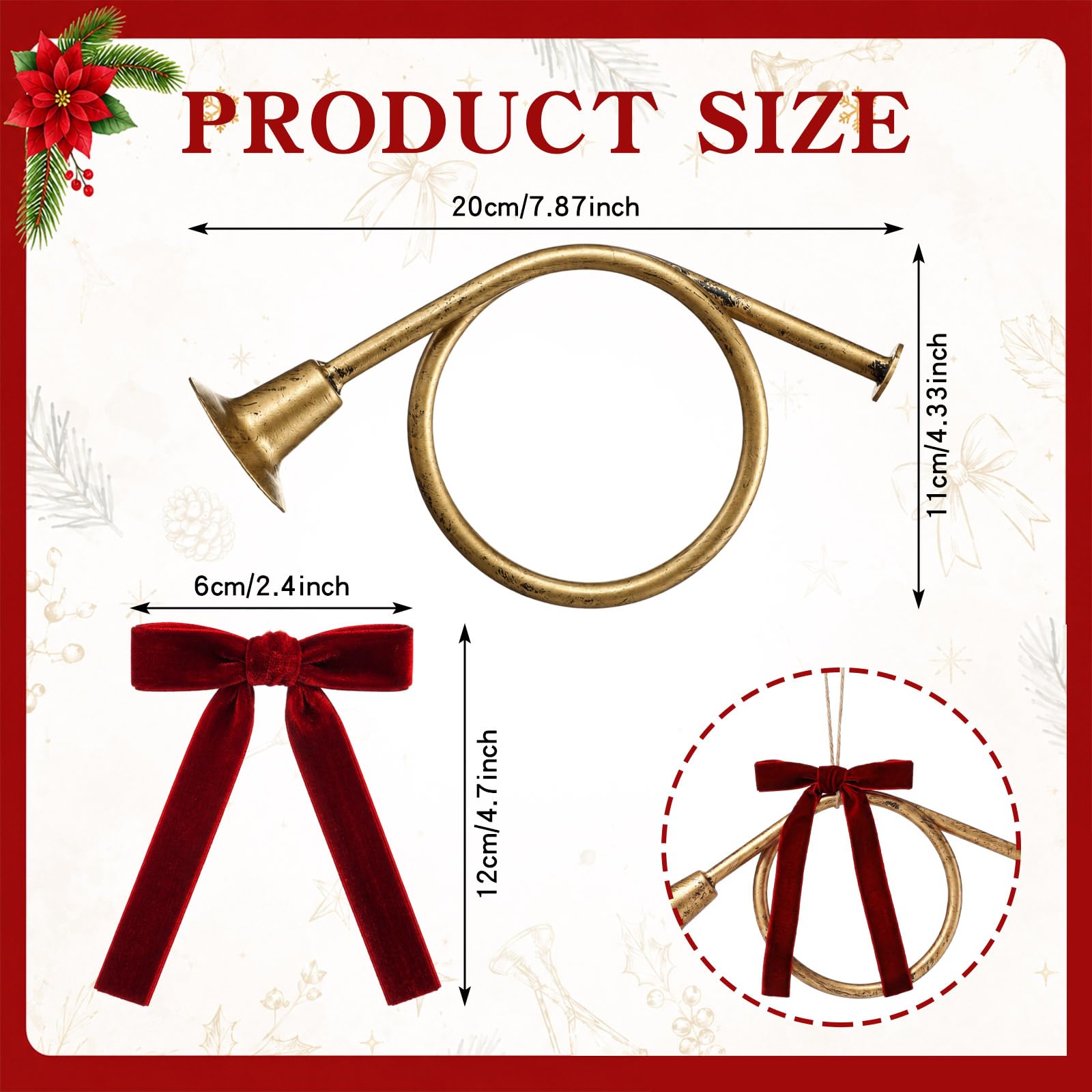 Civaner Set di 6 ornamenti natalizi da appendere in corno francese, 6 ornamenti in ottone con 6 fiocchi in velluto bordeaux per albero di Natale strumento musicale ornamento per le vacanze