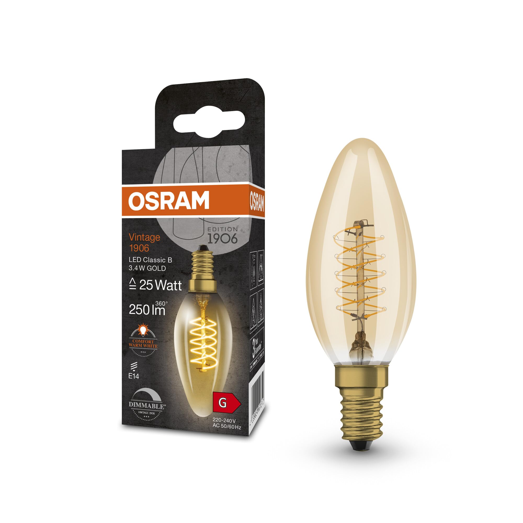 OSRAM Vintage 1906 Led Lamp with Gold Tint, 3.4W, 250Lm, Classic Candle Lamp (Classic B) with E14 Socker, Warm White Light Color, Spiral Filament, Dimmable, Up to 15,000 Hours; lifespan
