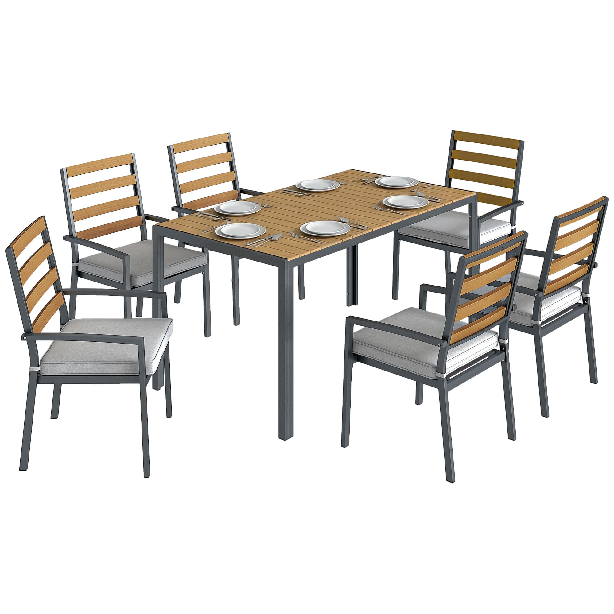 Outsunny 7 TLG. Sitzgruppe Gartenmöbel-Set, Gartengarnitur mit 1 Esstisch, 6 Stühlen, Sitzgarnitur mit Kissen, für Terrasse, Naturholz
