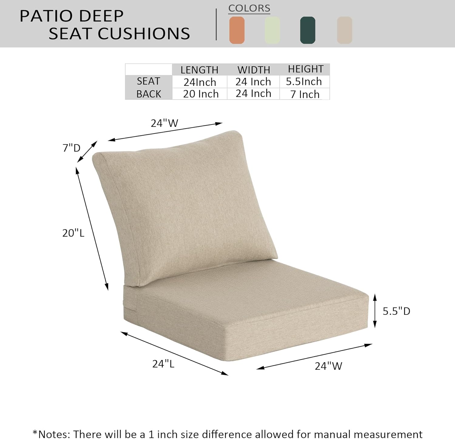 Outdoor Deep Seat Cushions (24"x24") 2 Sets, Water-Resistant Fade Resistant Cushions with Removable Covers & High Resilience Foam with YKK Zippers for Patio Furniture,Sand