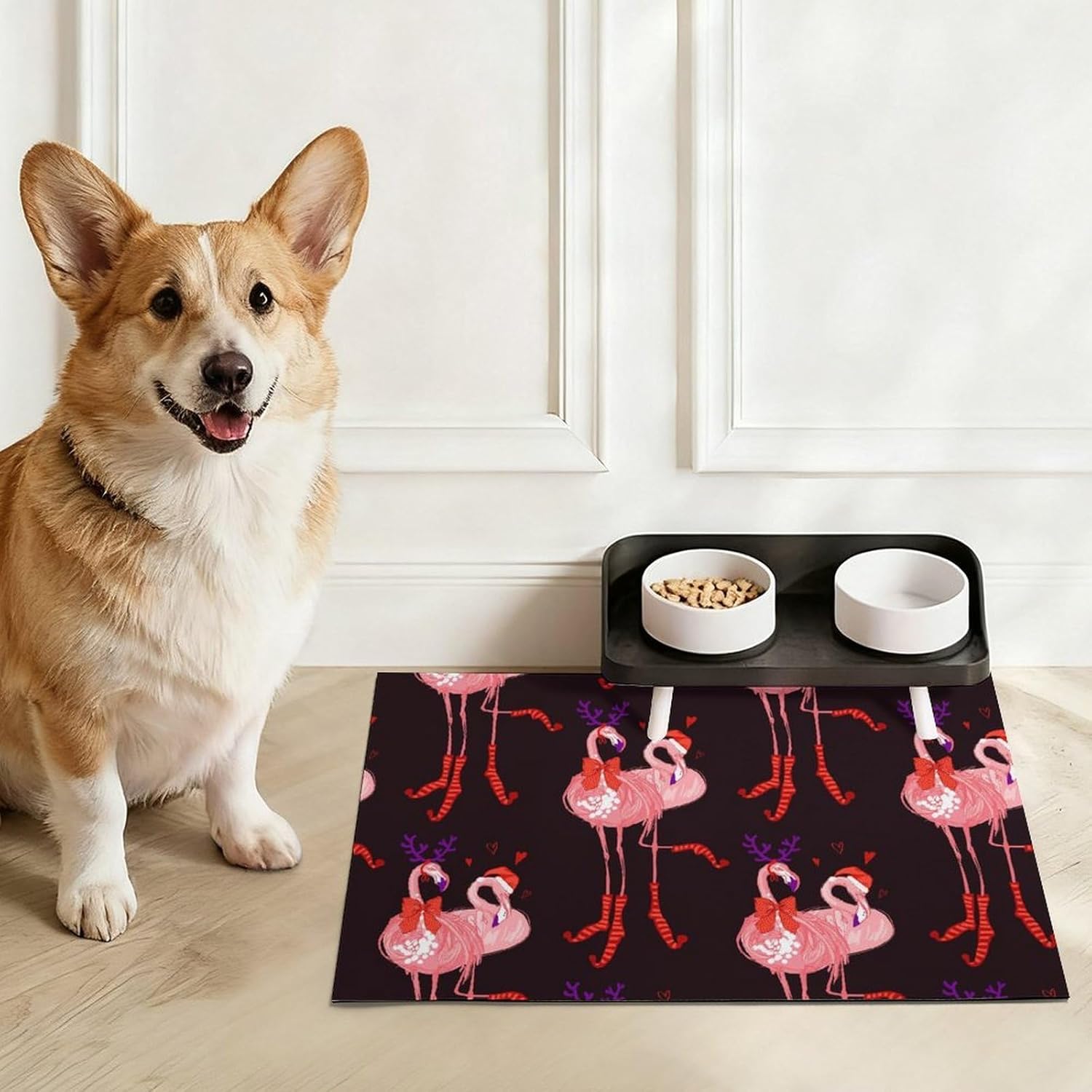 Christmas Santa and Deer Flamingo Pet Cat Dog Food Mat Non Slip Mat Water Bowl Mat Quick Dry Cat Feeding Mat 12x20inch