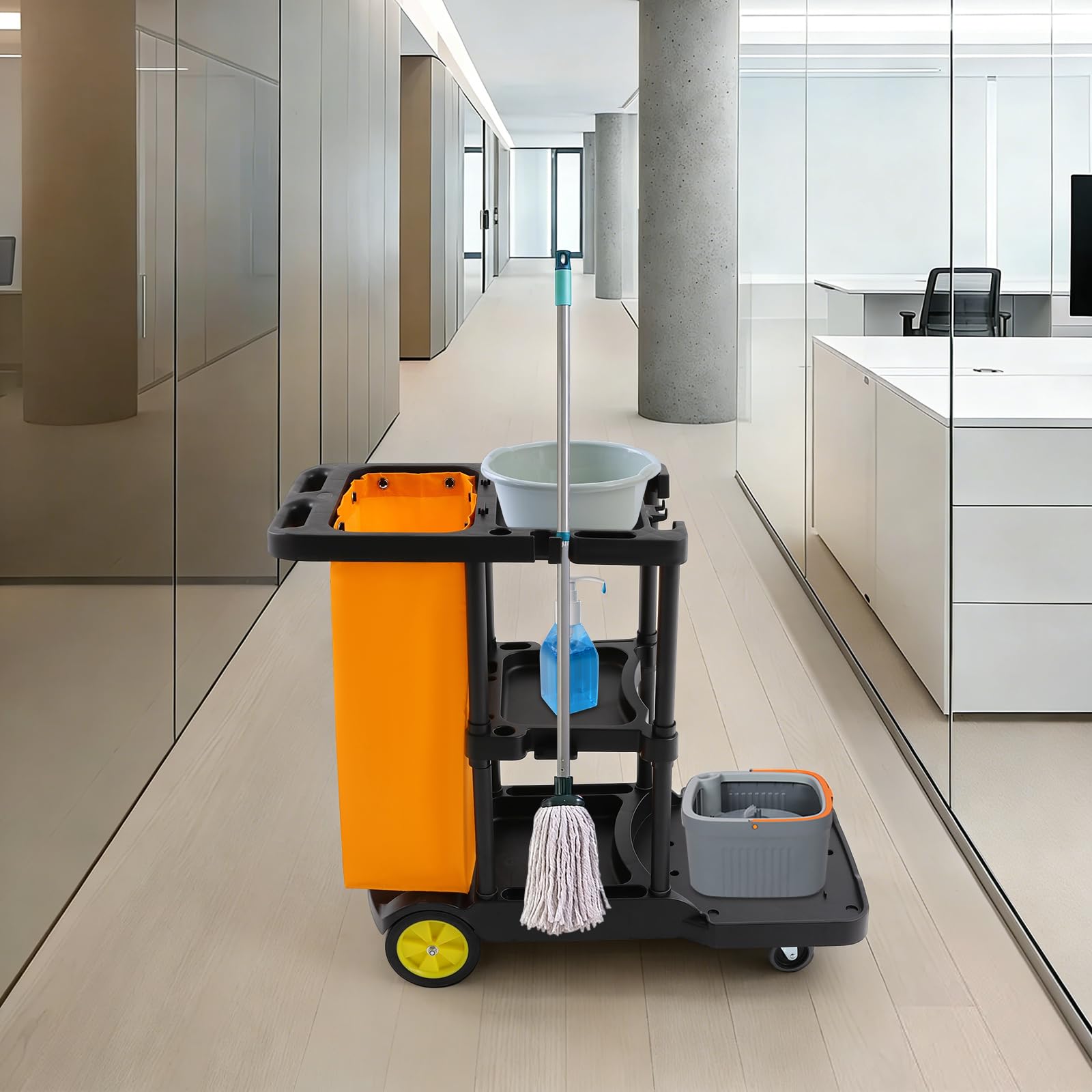 Carrello per la pulizia professionale con ruote, 3 ripiani e borsa in vinile, carrelli igienici per uffici, hotel, centri commerciali, portata 100 kg, 113 x 56 x 93 cm