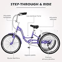 Vista 5 de H&ZT Triciclo para adultos, bicicleta de 3 ruedas, triciclo crucero, con cambio de 7 velocidades, manilla de freno de estacionamiento, paso bajo