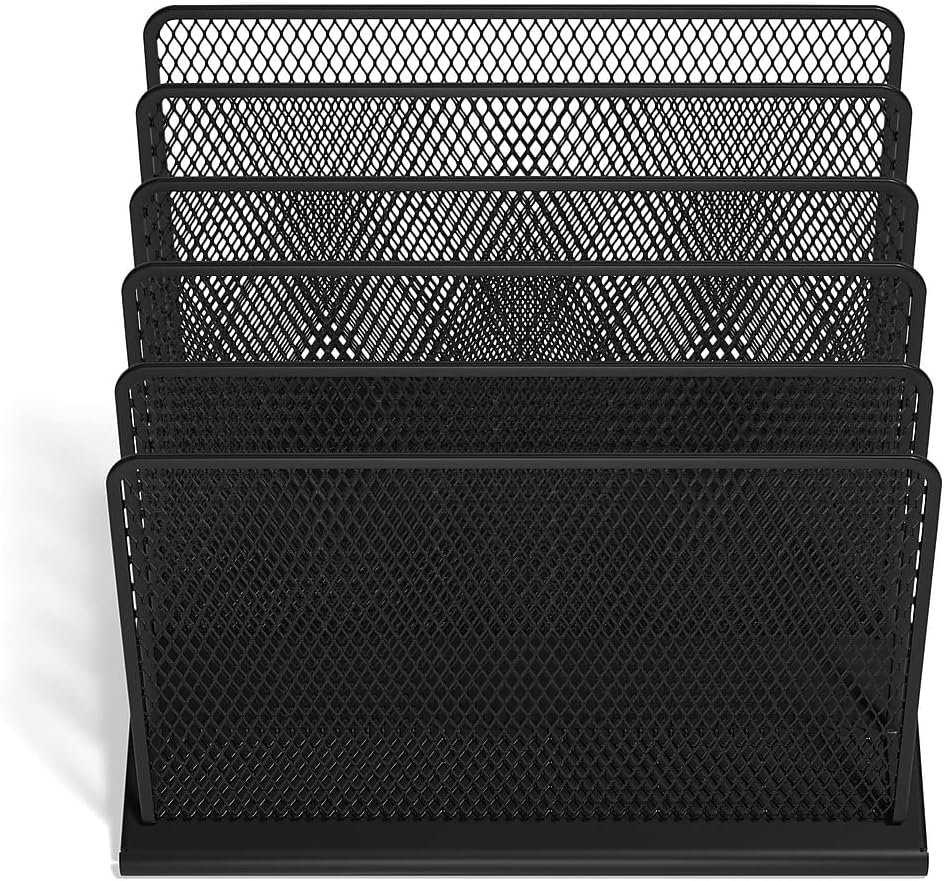 TRU RED Wire Mesh File Organizer, 5‑Compartment, Matte Black, 2‑Pack – Vertical Desktop Sorter for Files, Folders & Mail