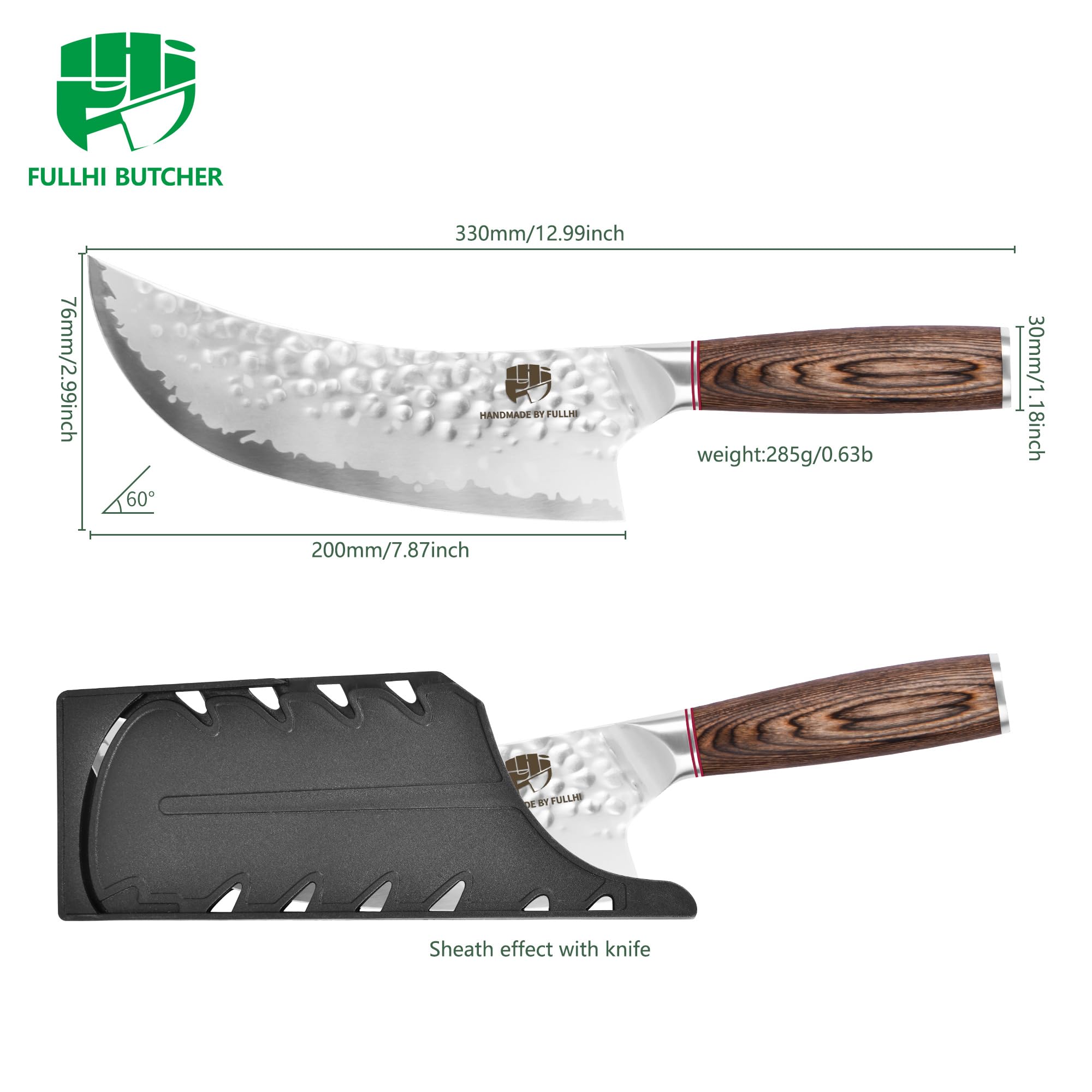 FULLHI Coltello da cucina a lama martellata con protezione, coltelli da chef antiaderenti, coltello giapponese con manico in legno Pakka, coltelli da cucina in acciaio inox con fodero (205mm)
