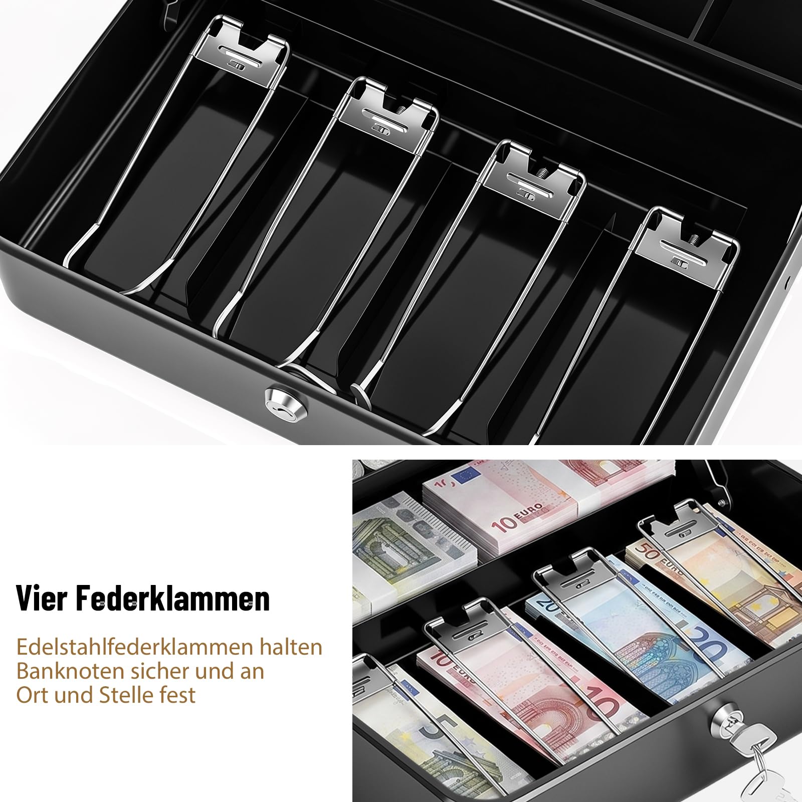 Caisse à monnaie avec serrure et 2 clés, 30 x 24 x 9 cm, noire, avec compartiment à monnaie à 5 compartiments et 4 porte-billets, portable pour magasin, marché, ménage