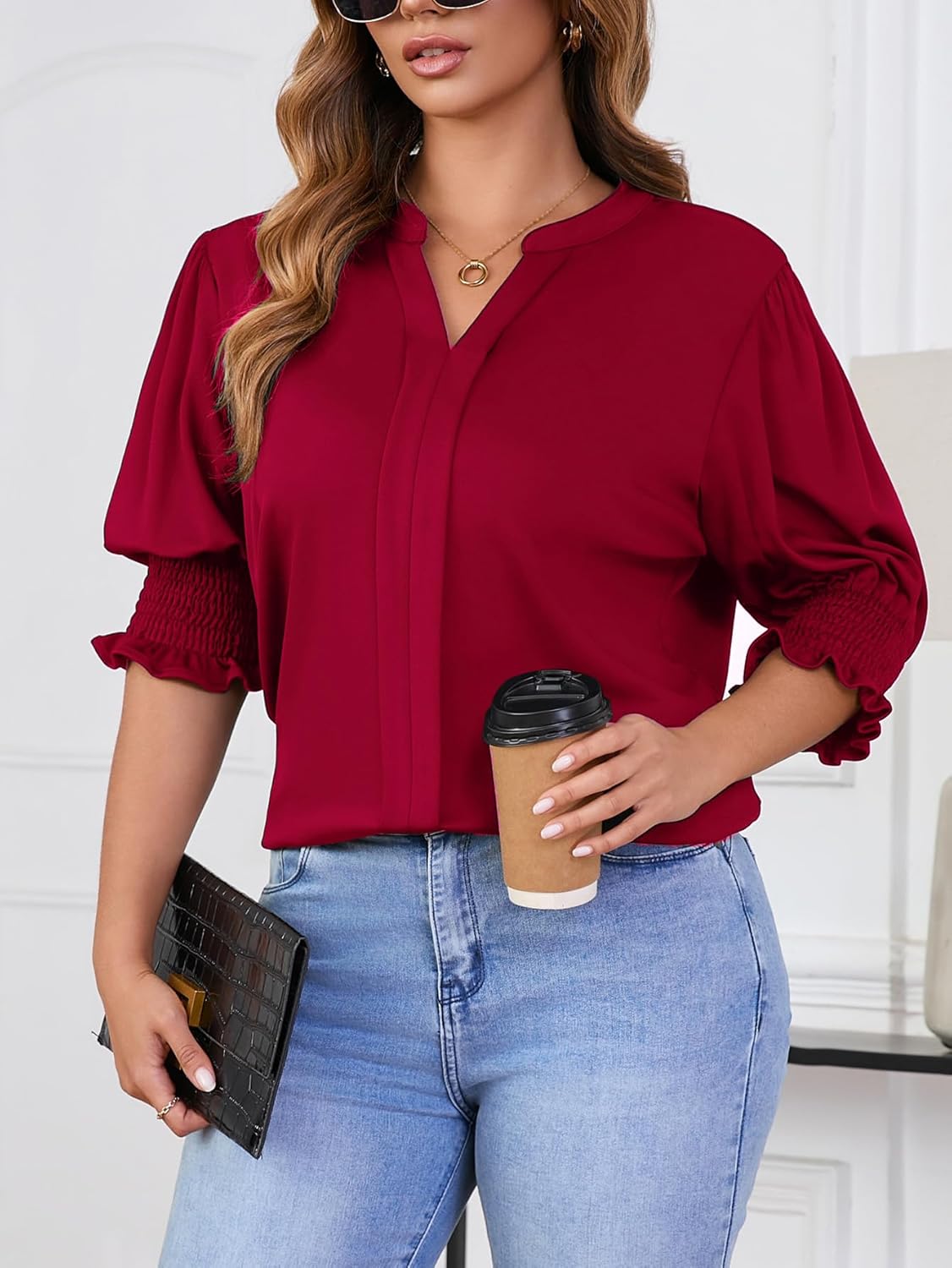 Womens Plus Size Tops Oversized T Shirts Dressy V Neck Summer Blouses Casual Tunic Puff Short Sleeve Tops 1X-5X - Image 6