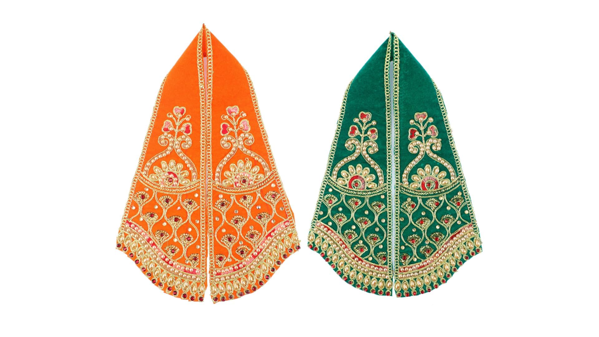 Set of 2 Ganesha Dupatta Velvet Puja Cloth Chunari(Size:-19 Inch x 3 Inch)Pooja Chunar Puja Articles for Indian Traditional Navratri Festival Decoration for Idol Statue Frame Temple(Orange,Green)