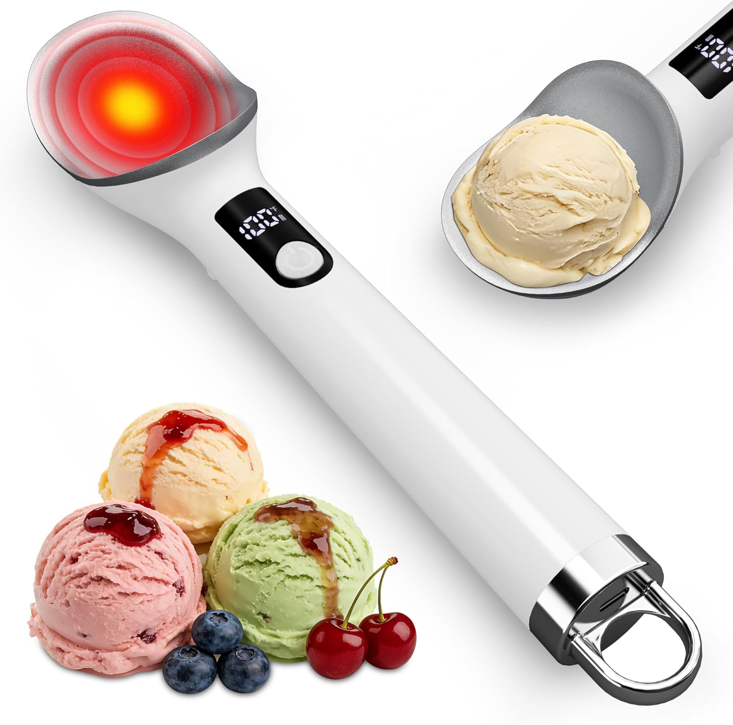 Vabaso Heated Ice Cream Scoop with Removable Battery, Rechargeable Electric Ice Cream Scooper with LED Display, Dishwasher Safe, Heats to 158°F for Hard Ice Cream - Easy for Seniors & Kids