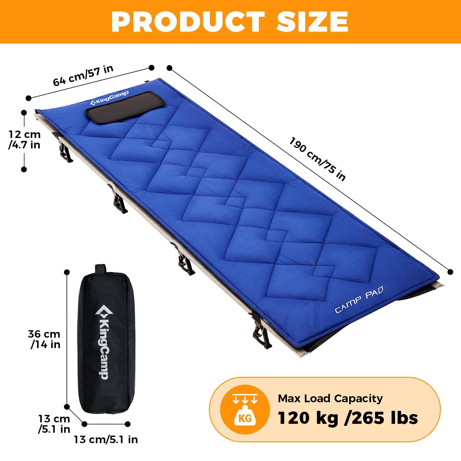 KingCamp Folding Camping Cots, Foldable 265lbs Heavy Duty Portable Ultralight Lightweight Sleeping Bed with Mattress Pad Pillow for Adults Outdoor Backpacking Travel Hiking, Black