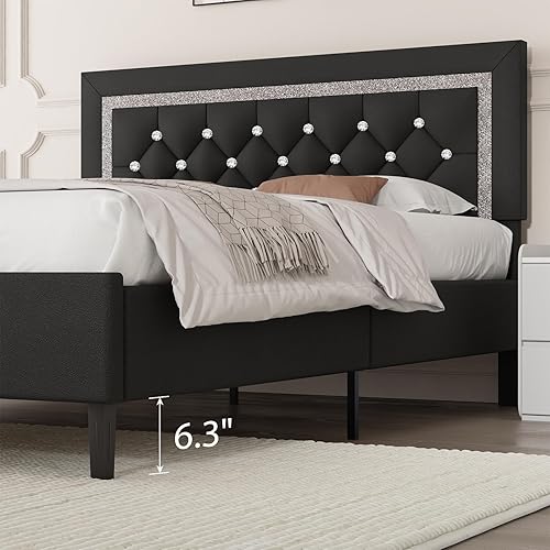 Miniatura 46 de BarnFurin Base de cama tamaño matrimonial con cabecera de botones copetudos, plataforma tapizada con diseño de diamante, soporte de listones de