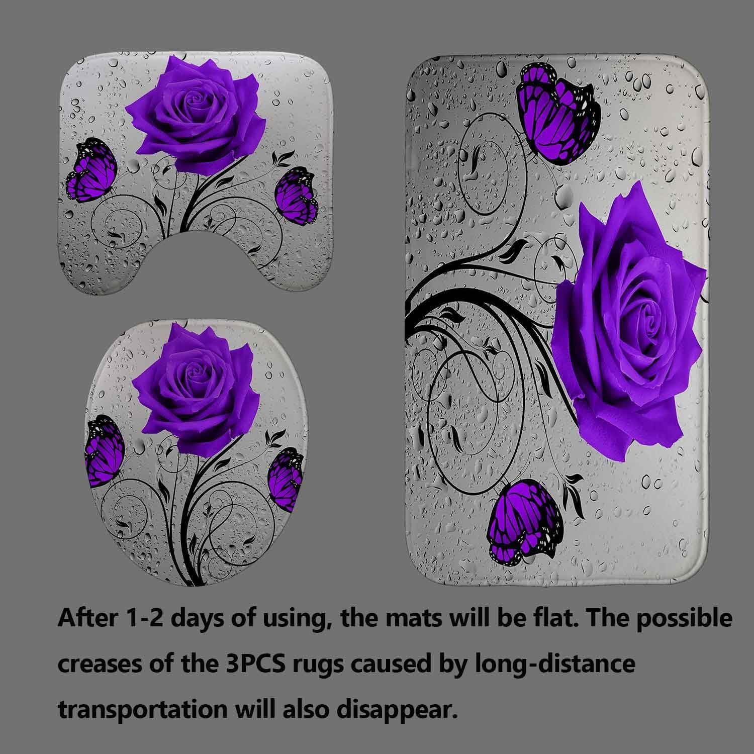 Fashion_Man 4PCS Purple Monarch Butterfly Floral Shower Curtain Sets with Rugs, Grey Shower Curtain, Raindrop Black Botanical Purple Rose Flower Modern Bathroom Decor, Non-Slip Bath Mat Bathroom Rugs