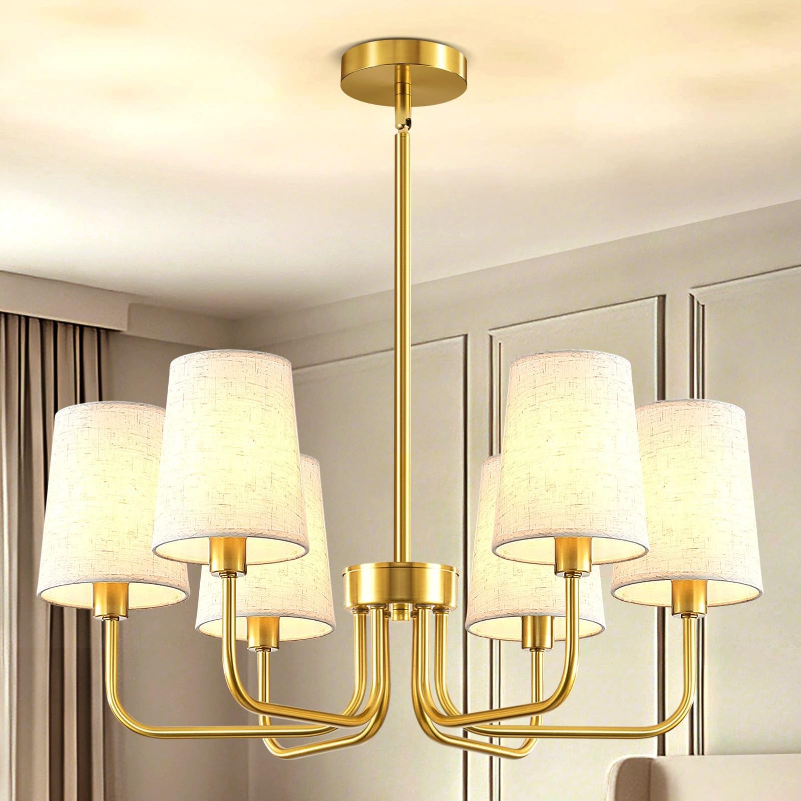 6-Light Gold Chandelier with Fabric Shades, 25 in | Adjustable Hanging Height, Fits 8-12 ft Ceilings, E12 Base, Max 40W, Flat & Sloped Ceiling, Dining Room Lighting-image-26