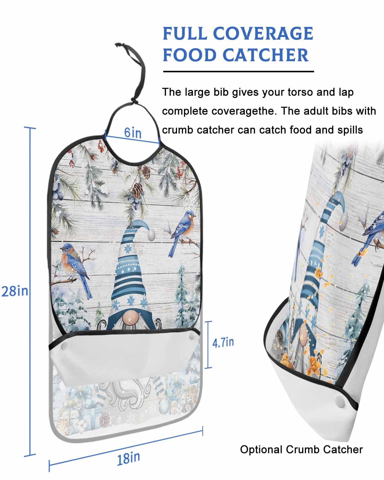 LEOKOTI Blue Gnomes Christmas Adult Bibs for Eating, Waterproof Bibs with Food Catcher & Adjustable Snap Closure, Xmas Tree Pine Cones Snowflake Washable Clothing Protectors Adult Bibs for Elderly