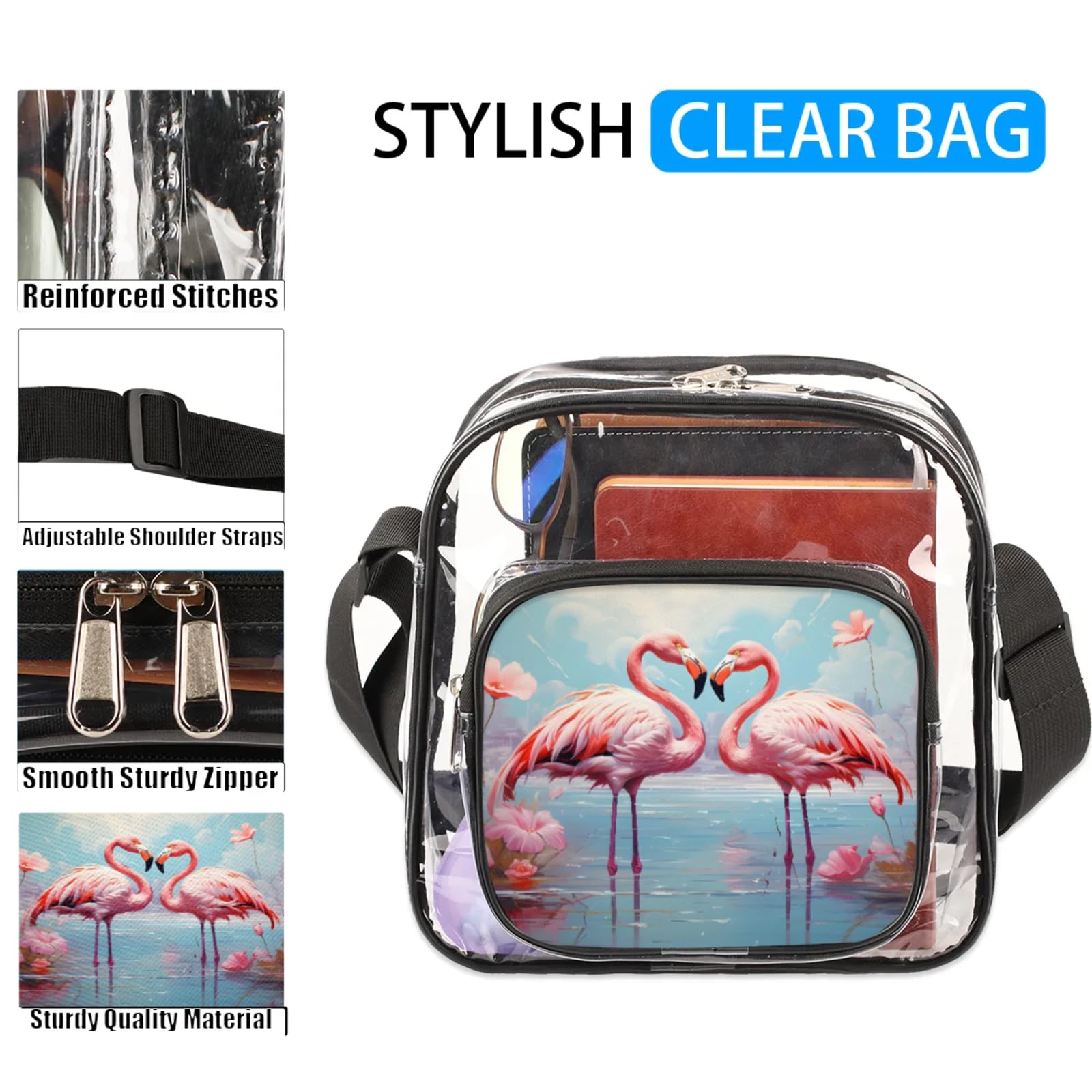 Clear Crossbody Bag Stadium Approved Flamingos Transparent Bag for Festivals, Sports Events, Concerts,Beach Bag for Women Men Clear Purse with Front Pocket Messenger Bag with Adjustable Strap