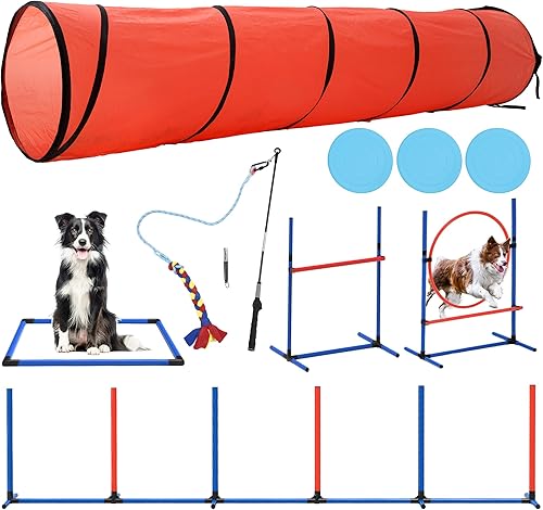 Miniatura 1 de YITAHOME Equipos de agilidad para perros, incluye juguete de poste de coqueteo, 3 discos voladores, 1 túnel de agilidad, 2 saltos, 6 postes de