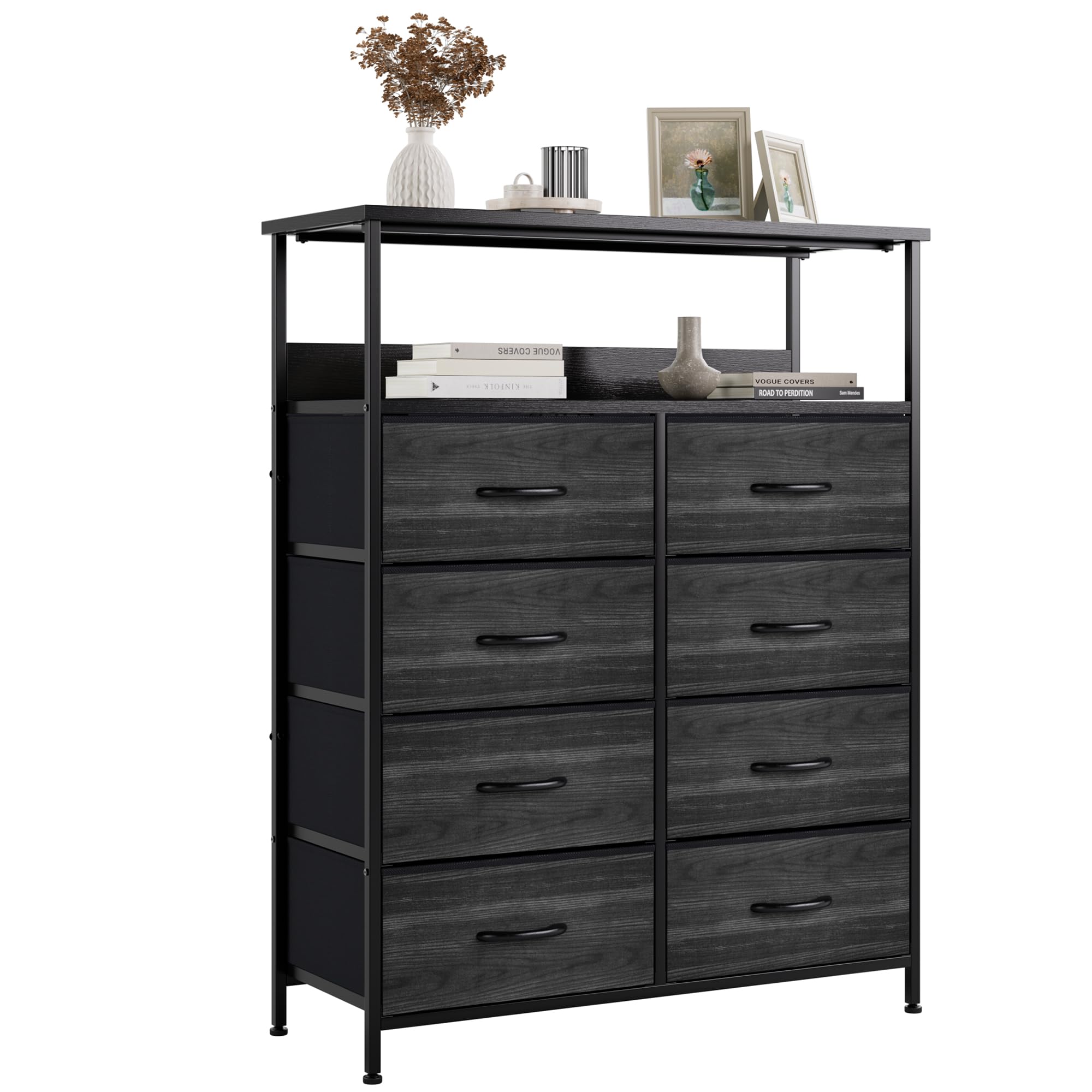 Nicehill Chest of Drawers, Dresser for Bedroom with 8 Drawers, Tall Storage Organizer Unit with 2-Layer Shelves, Large Storage Drawers for Bedroom, Kids room, Living room, Closet(Black Wood Grain)