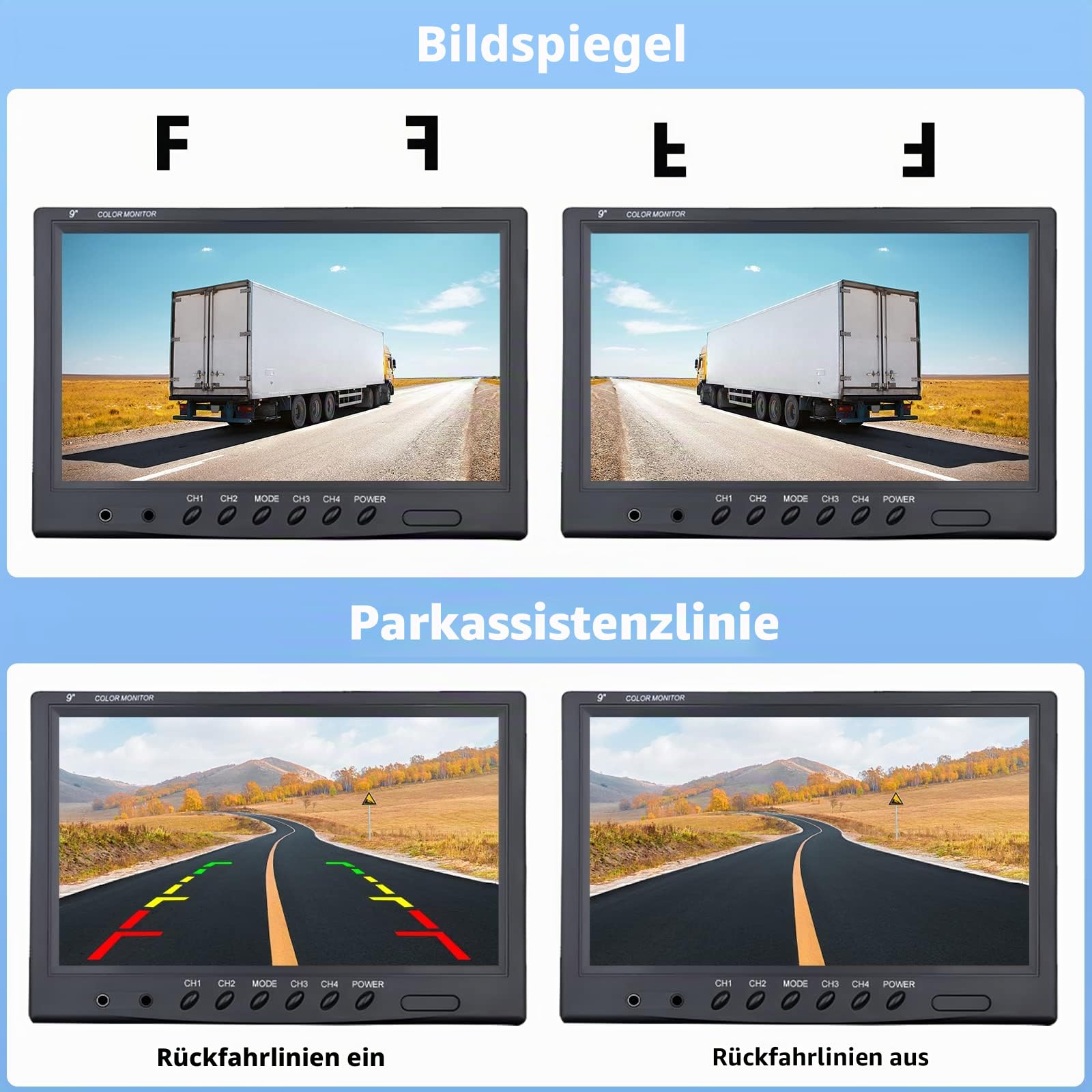 CAMECHO Rückfahrkamera 4 Kameras Set 9" Monitor IP68 wasserdicht 18IR Nachtsicht Weitwinkel 12V-35V für LKW Anhänger Bus Van