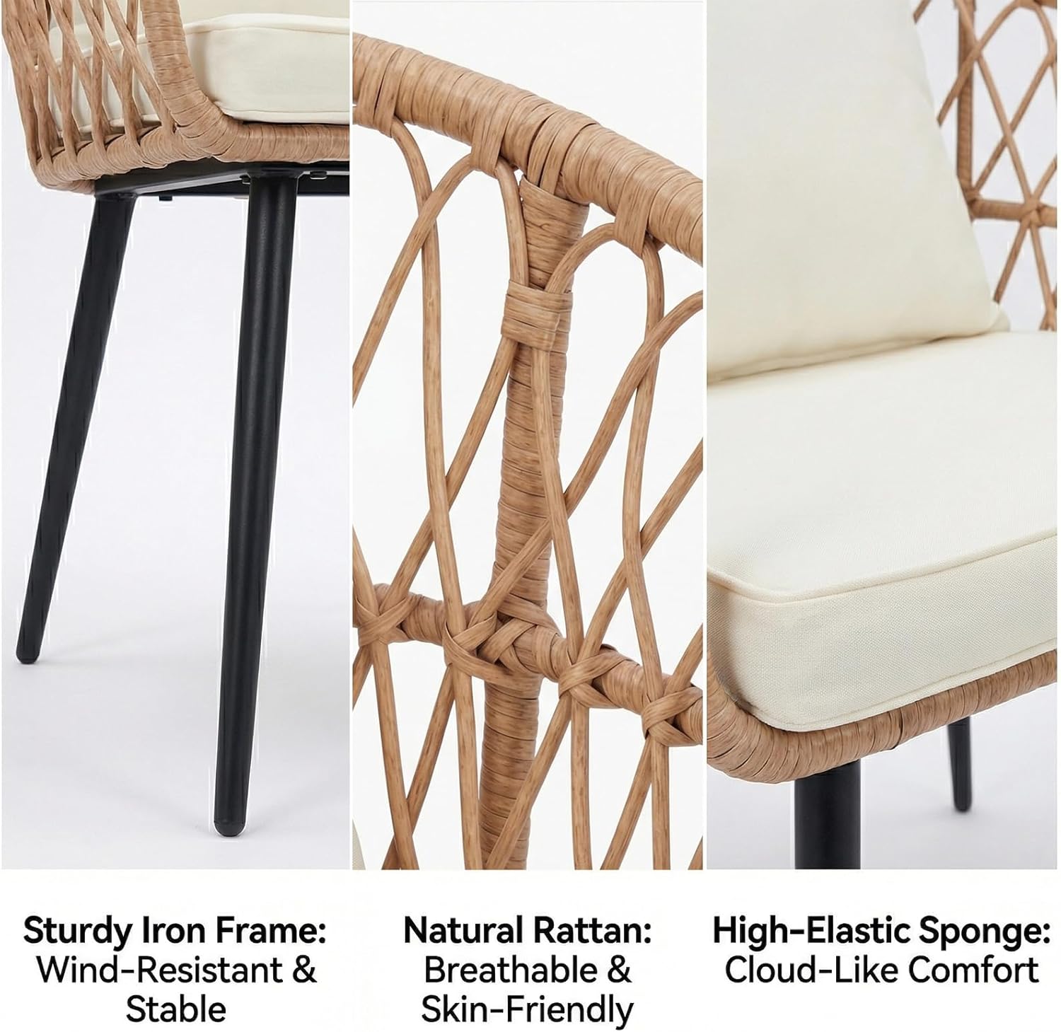 3 Piece Outdoor Patio Furniture Set, All-Weather PE Rattan Conversation Set, Patio Bistro Set with Waterproof Cushions, for Small Backyard, Apartment, Balcony, Beige (2 Chairs + Table)