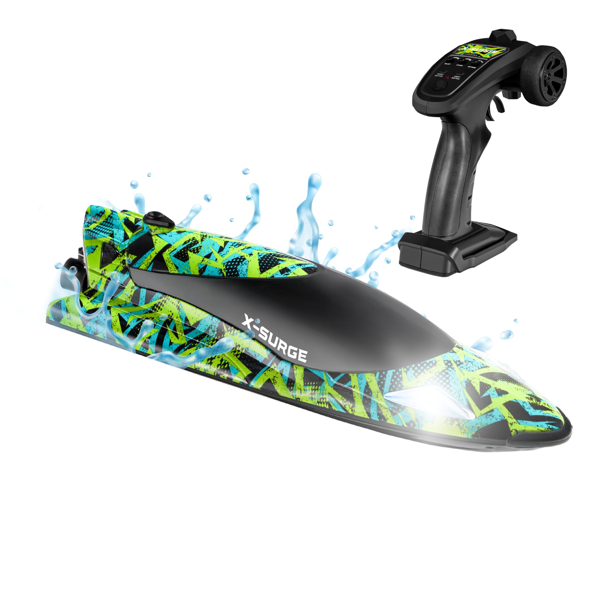 OVERMAX X-SURGE Barca da Corsa RC Telecomandata con Luce LED 35 km/h 1200 mAh Batterie 30 min di Divertimento Controllo Velocità Portata fino a 100 m, Giocattolo per Piscine e Laghi