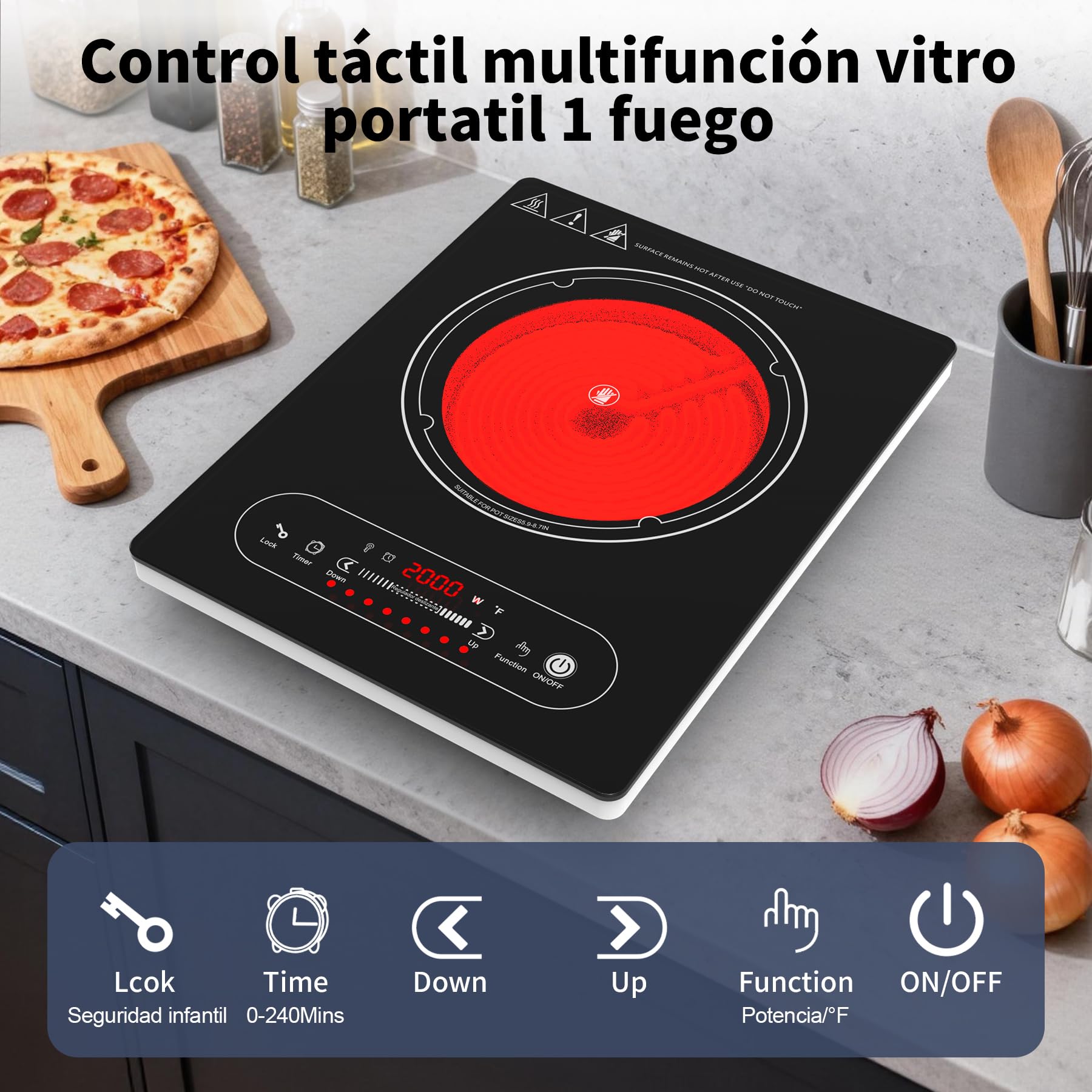 VBGK vitro portatil 1 fuego，220V 2000W placa vitroceramica con control táctil LED, 10 niveles de potencia, temporizador de 4 horas, bloqueo de seguridad y protección contra sobrecalentamiento.