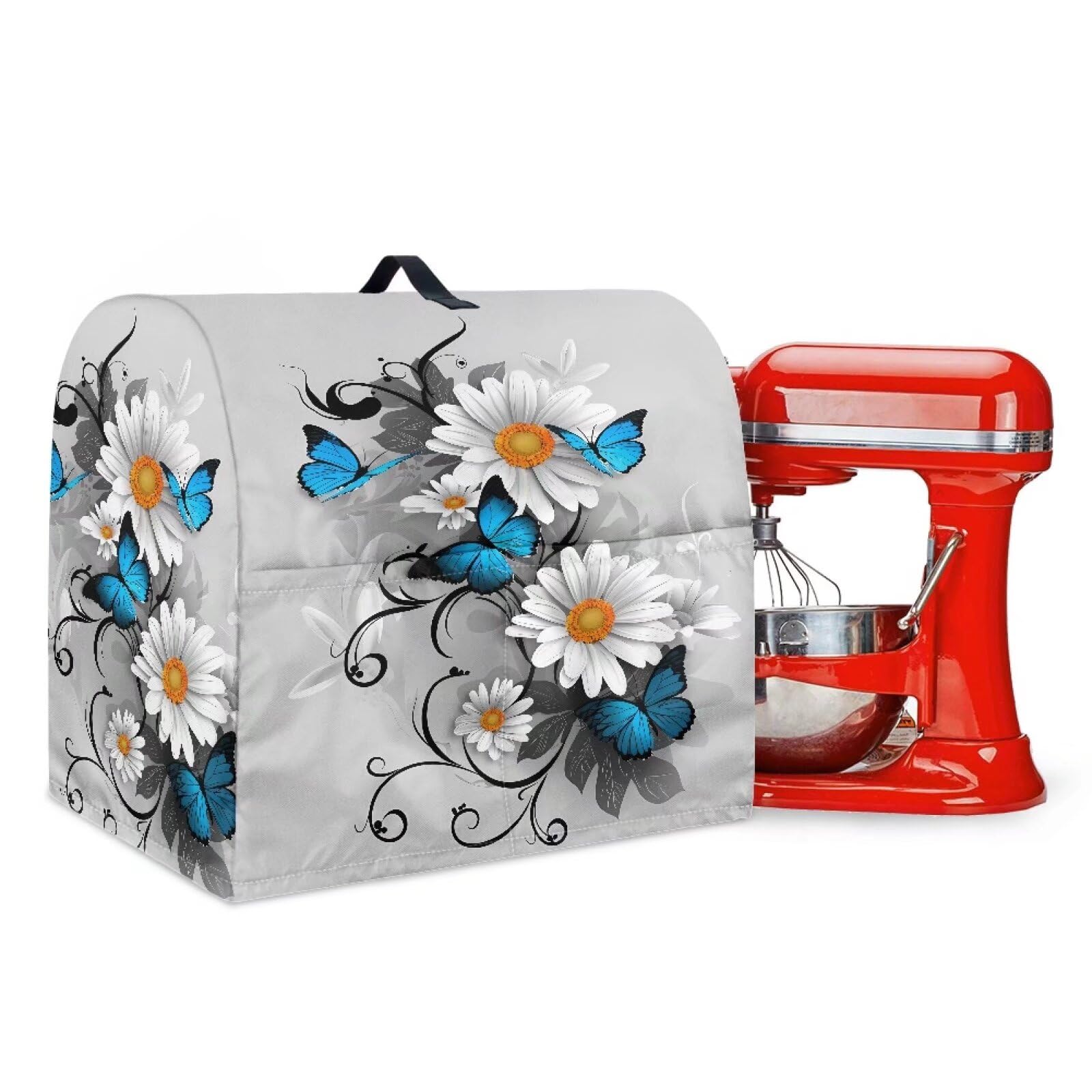 Talayituse Daisy Butterfly Print Mixer Cover Protector Compatible with 6-8 Qt Kitchen Aid Mixer Covers Anti-Stain Kitchen Appliance Dust Cover with Handle and Pockets, Large