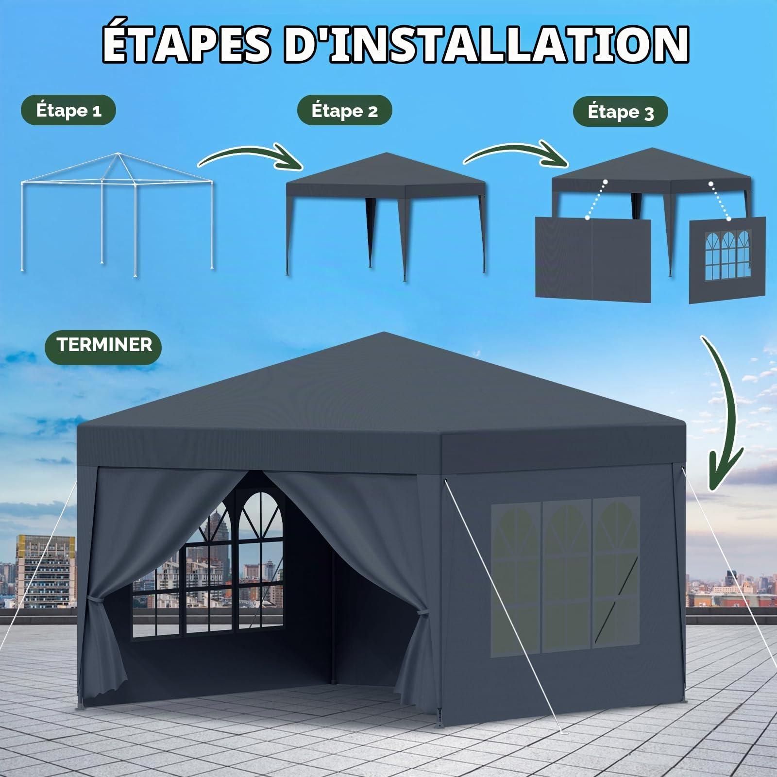 Tonnelle 3 x 3 m, imperméable, stable, résistante à l'hiver, tente de fête avec panneaux latéraux amovibles, protection UV, coupe-vent, tonnelle pliable, tonnelle de jardin, tente de jardin