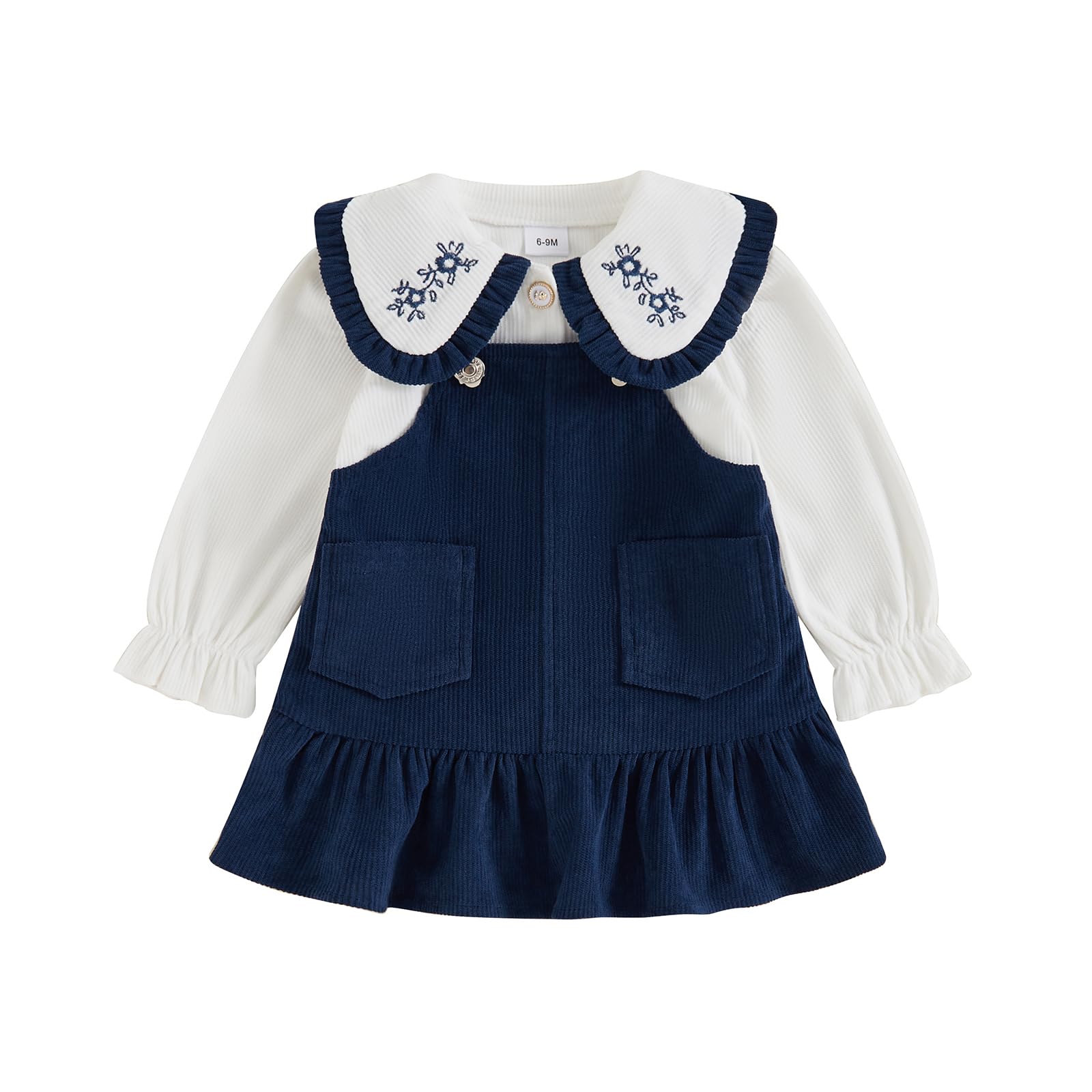 JLKGICF Toddler Baby Girl Fall Winter Clothes Peter Pan Collar T-Shirt Top Ruffle Suspender Skirt Dress Corduroy 2Pcs Outfits (Navy Blue, 9-12 Months)