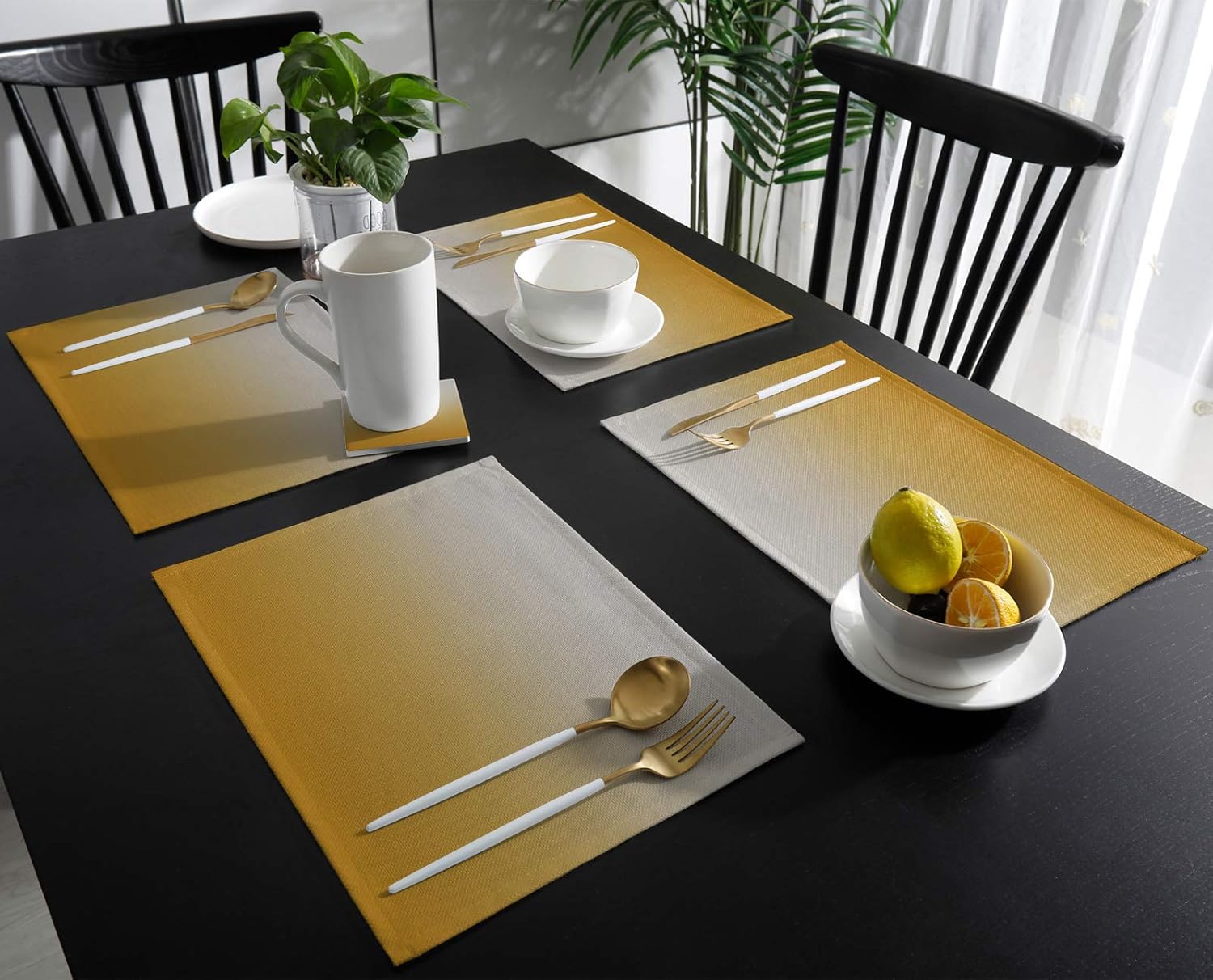 Placemats Set of 4 Gradient Color Gray to Mustard Yellow Place Mat for Dining Table Washable Cotton Linen Table Mats