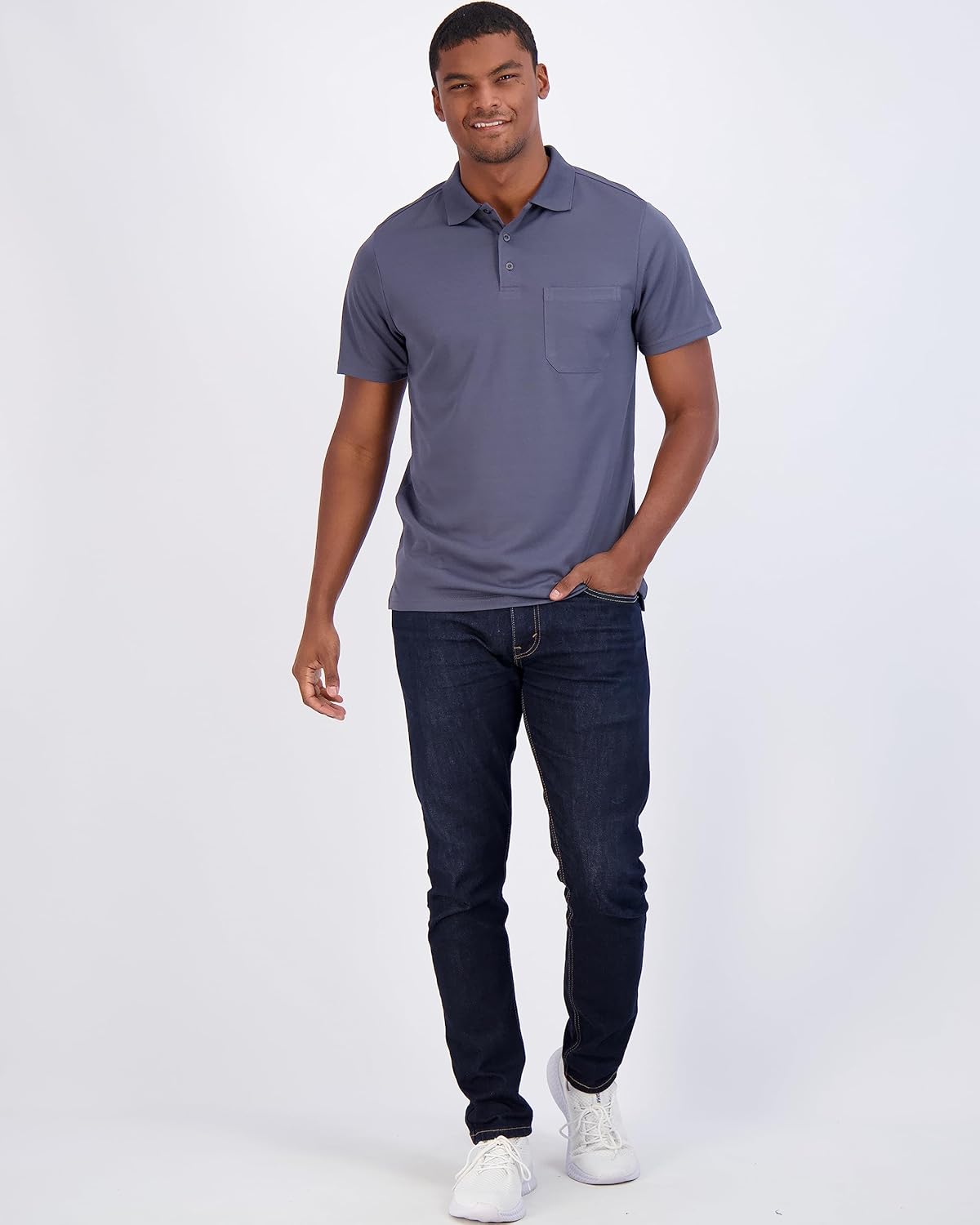 Real Essentials 3 Pack: Mens Short Sleeve Dry-Fit Collared Polo Shirt with Pocket - Active Casual (Available Big & Tall)