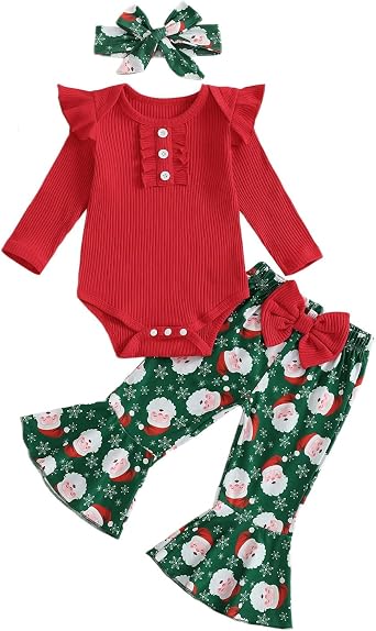 Newborn Baby Girl Fall Outfits Cute Ruffled Sleeve Romper Flared Pants Set