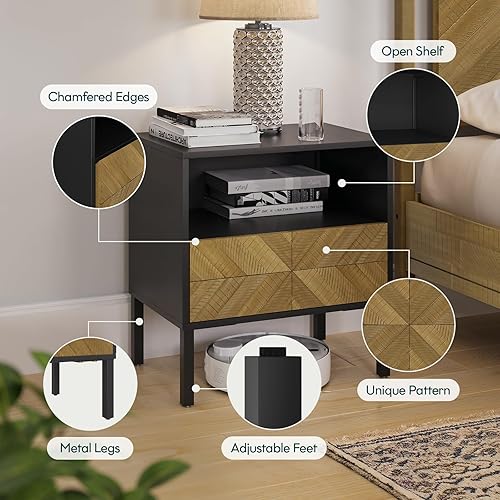 Miniatura 19 de Bme Lyra Mesita de noche, mesa auxiliar de madera maciza, fácil montaje, con 2 cajones de almacenamiento para sala de estar y dormitorio, moderna de