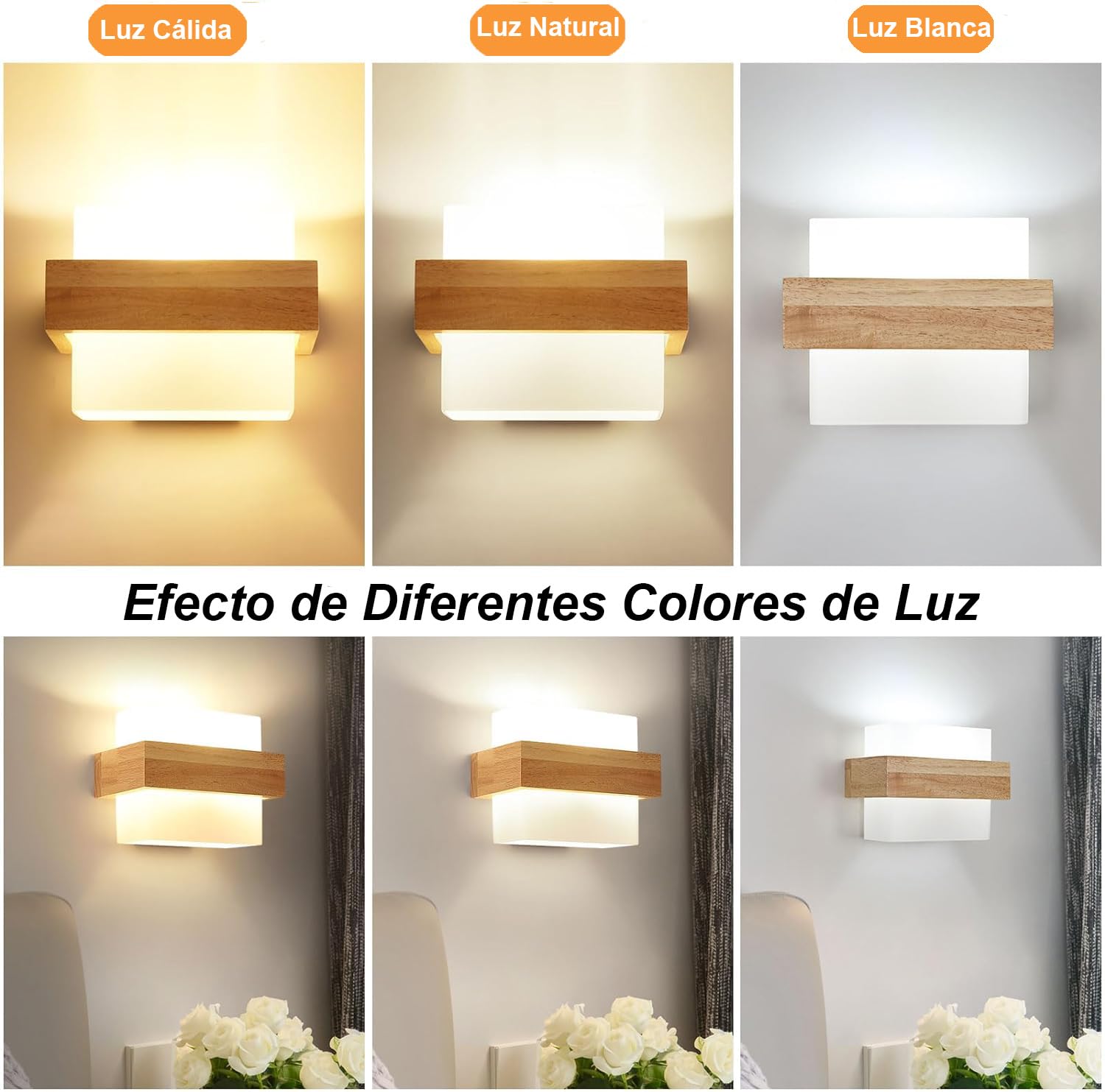 Toolight Aplique de Pared Madera Vidrio 12W E27 3000-6500K Salón Dormitorio