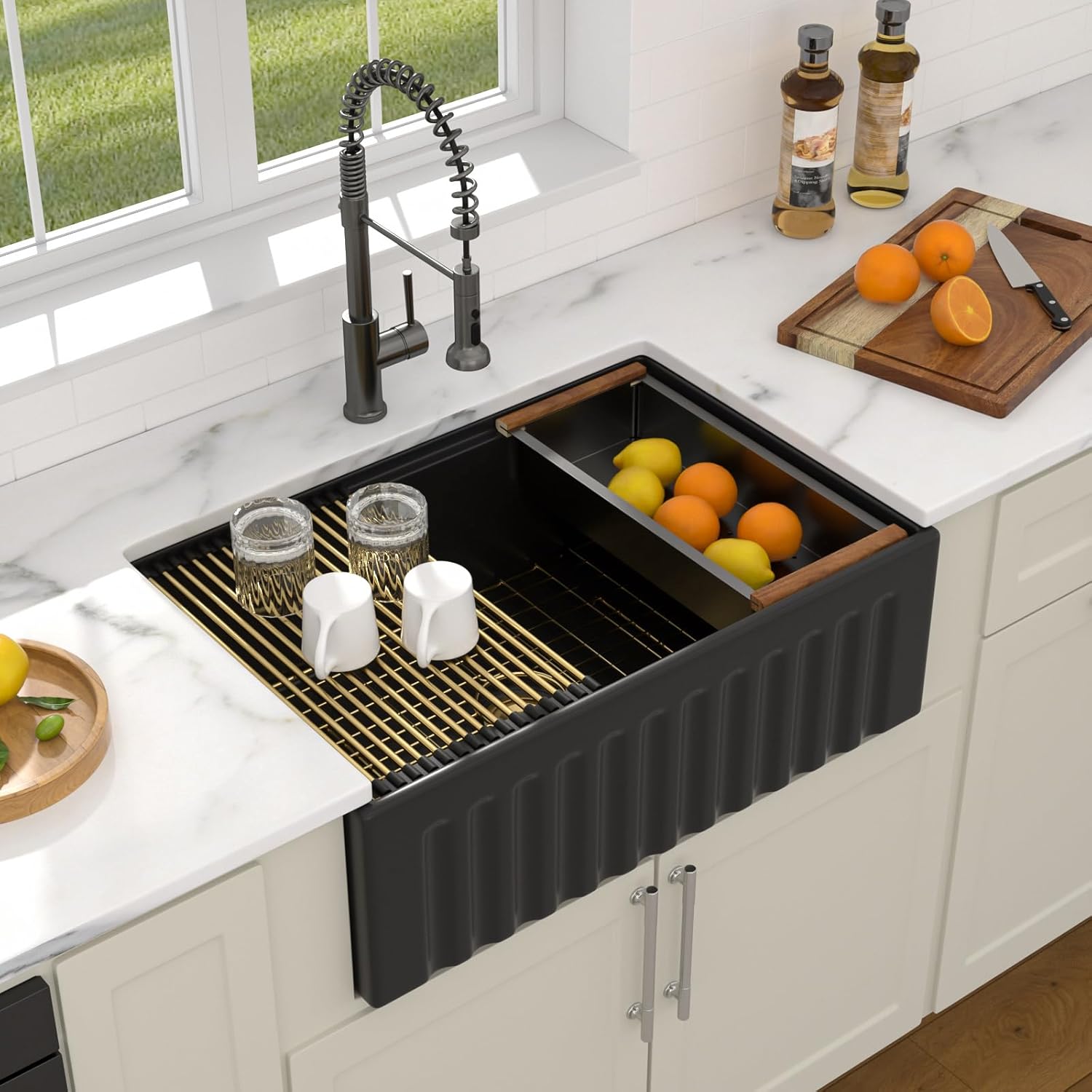 Dcolora 30 Inch Black Reversible Farmhouse Sink, Fireclay Ceramic Porcelain Workstation Sink Apron Front Single Bowl Kitchen Sink with Gold Accessories