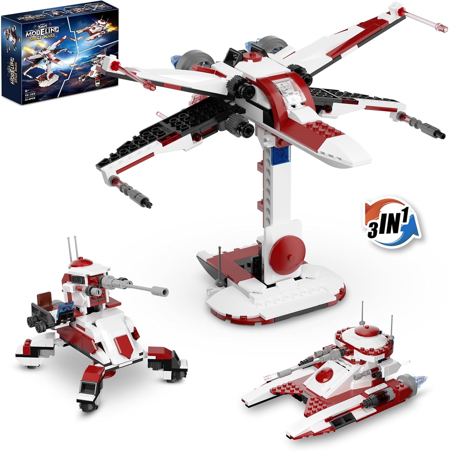 Product image of 3 in 1 Space Wars Building Set - Buildable Space Wing Fighter, Galactic Battle Tank, Anti Vehicle Cannon, Compatible with Lego, Great Birthday Gift Toy for Star Fans Kids Boys Girls Ages 6+