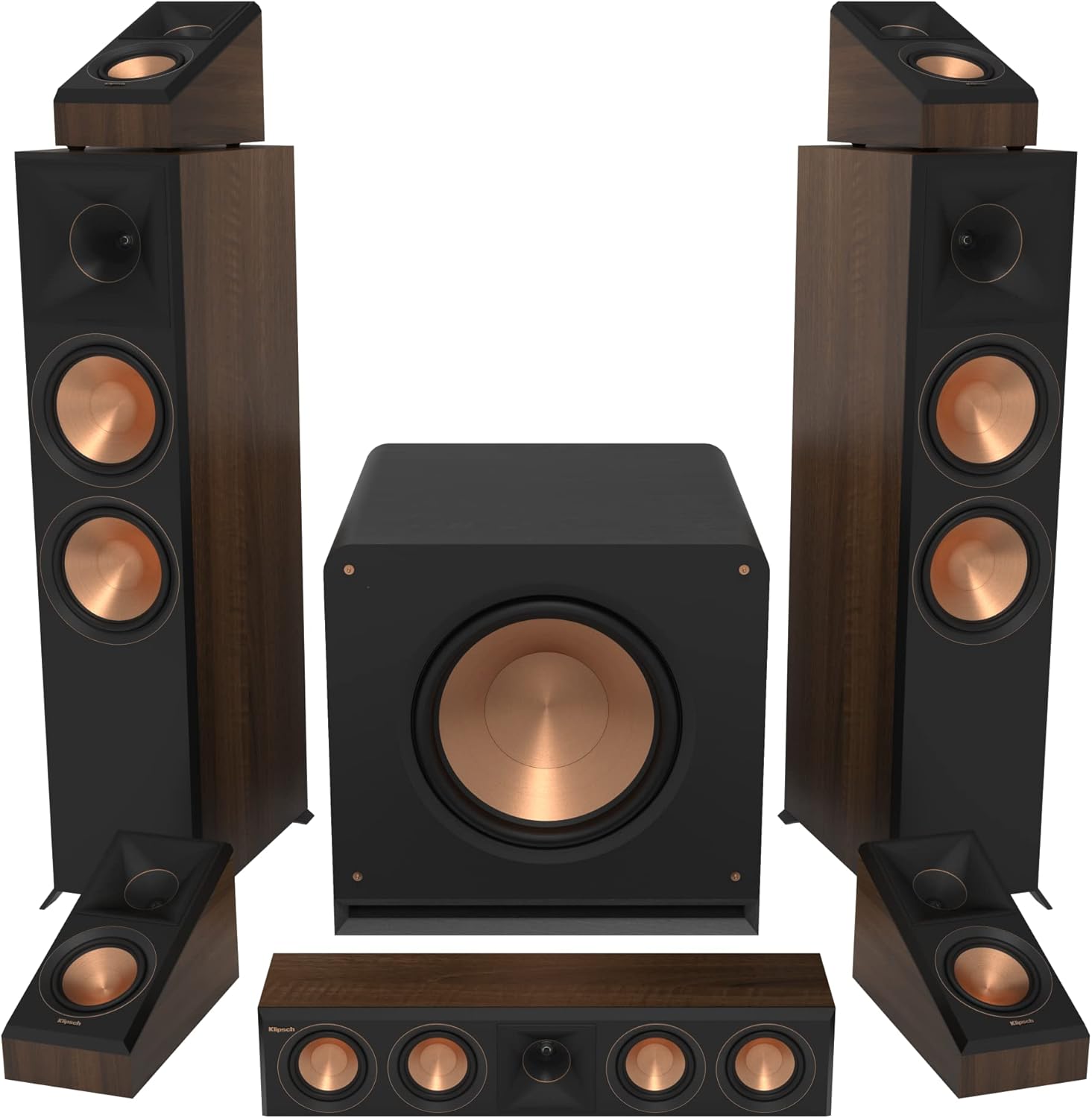 Klipsch 5.1.2 Walnut System - Model RP-8000F II, RP-404C II, RP-500SA II, RP-1600SW
