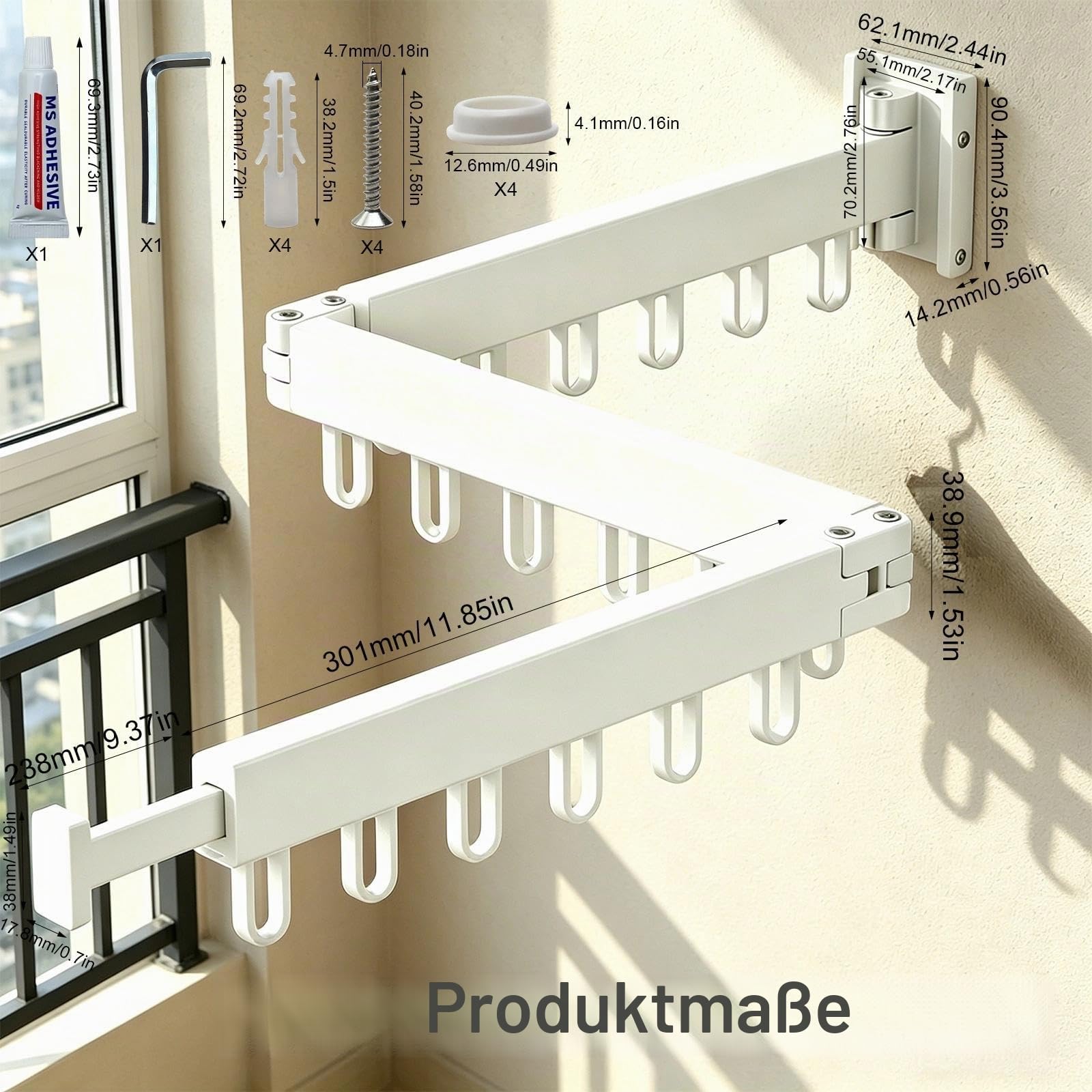 Weiß Wand-Wäschetrockner 120 cm mit 18 Haken | Klappbar & Ausziehbar, 2-in-1 Montage (Bohren oder Kleben), Wäscheständer für Balkon, Bad, Waschküche