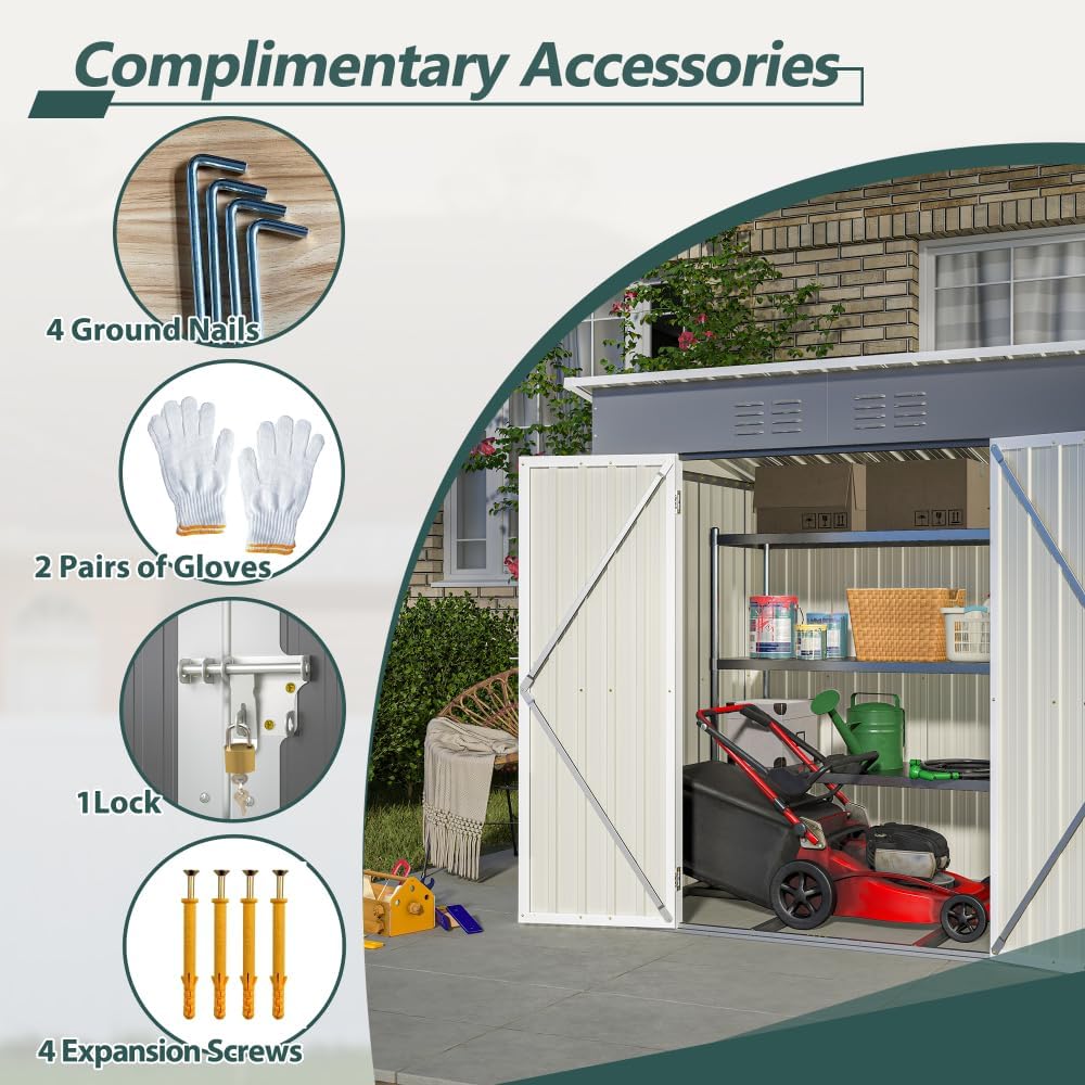 Outdoor Storage Shed and Gazebo Combo,Galvanized Steel Garden Shed & Patio Pergola, Metal Shed with Lockable Tool Storage and Open Hardtop for Backyard (Grey,6x4 ft Grey with Floor Frame)